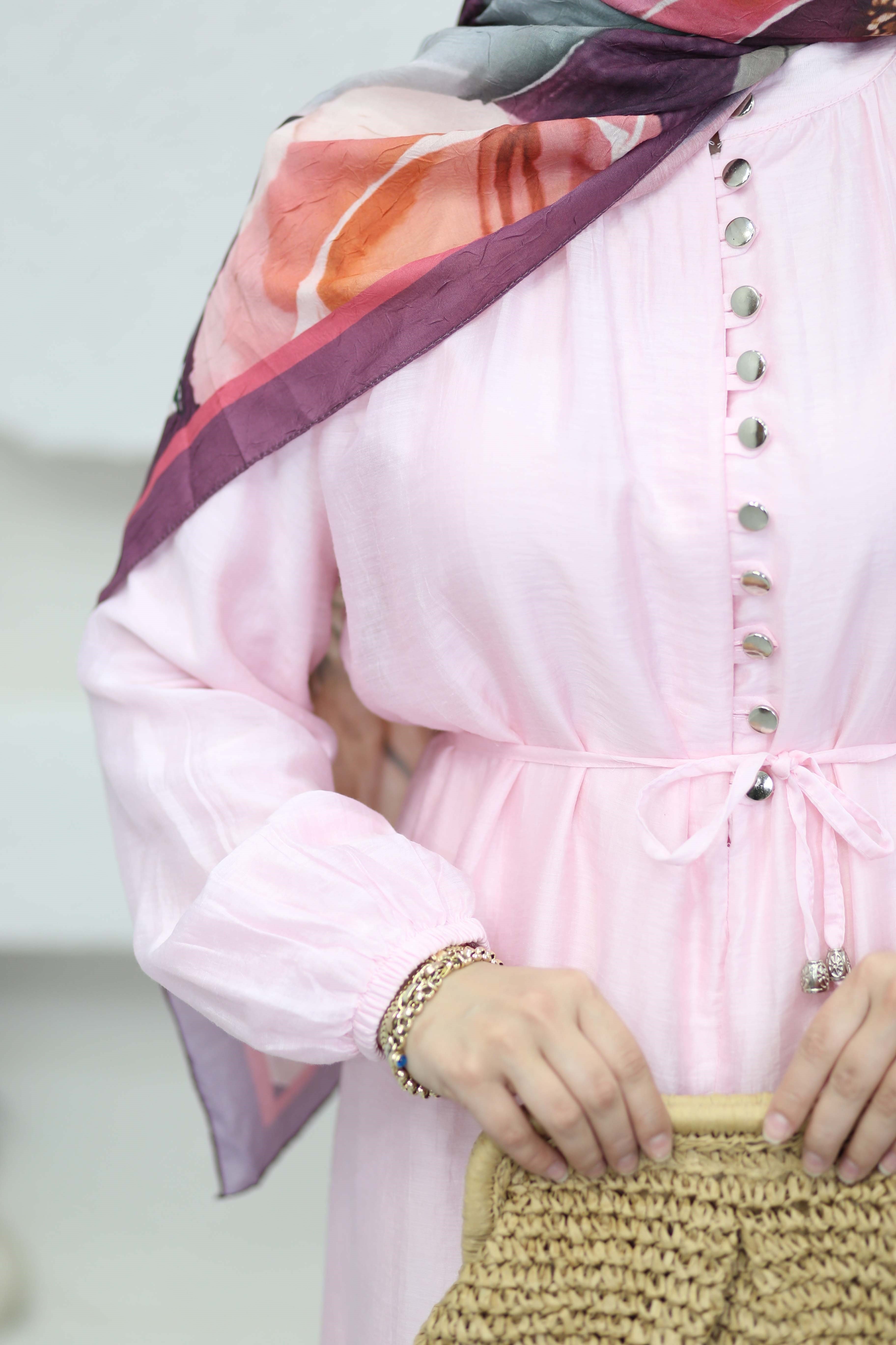 Yarı Düğmeli Elbise Pembe 5353