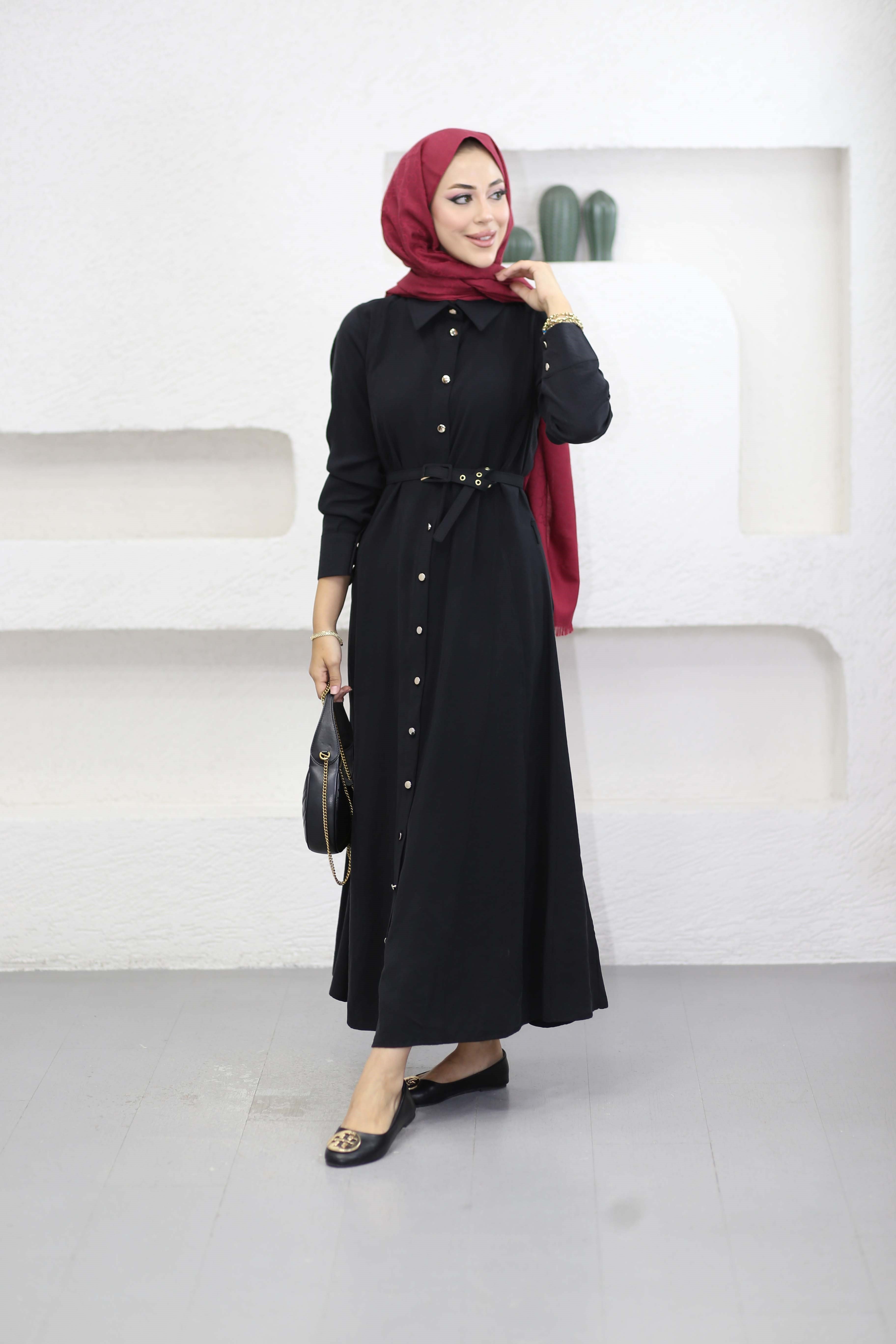 Düğmeli Tencel Gömlek Elbise Siyah 5499