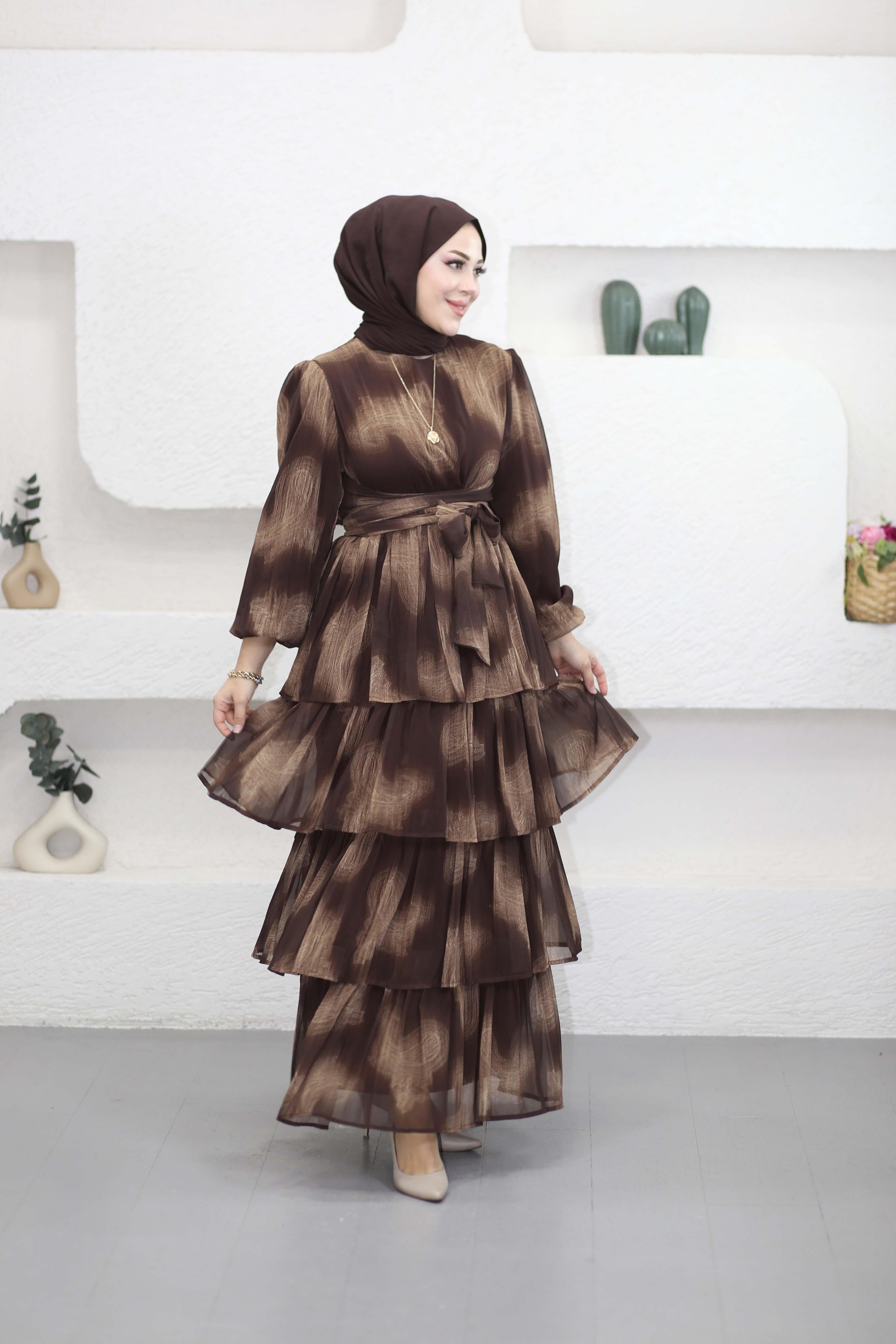 Kuşak Detaylı Kat Elbise Kahverengi 2286