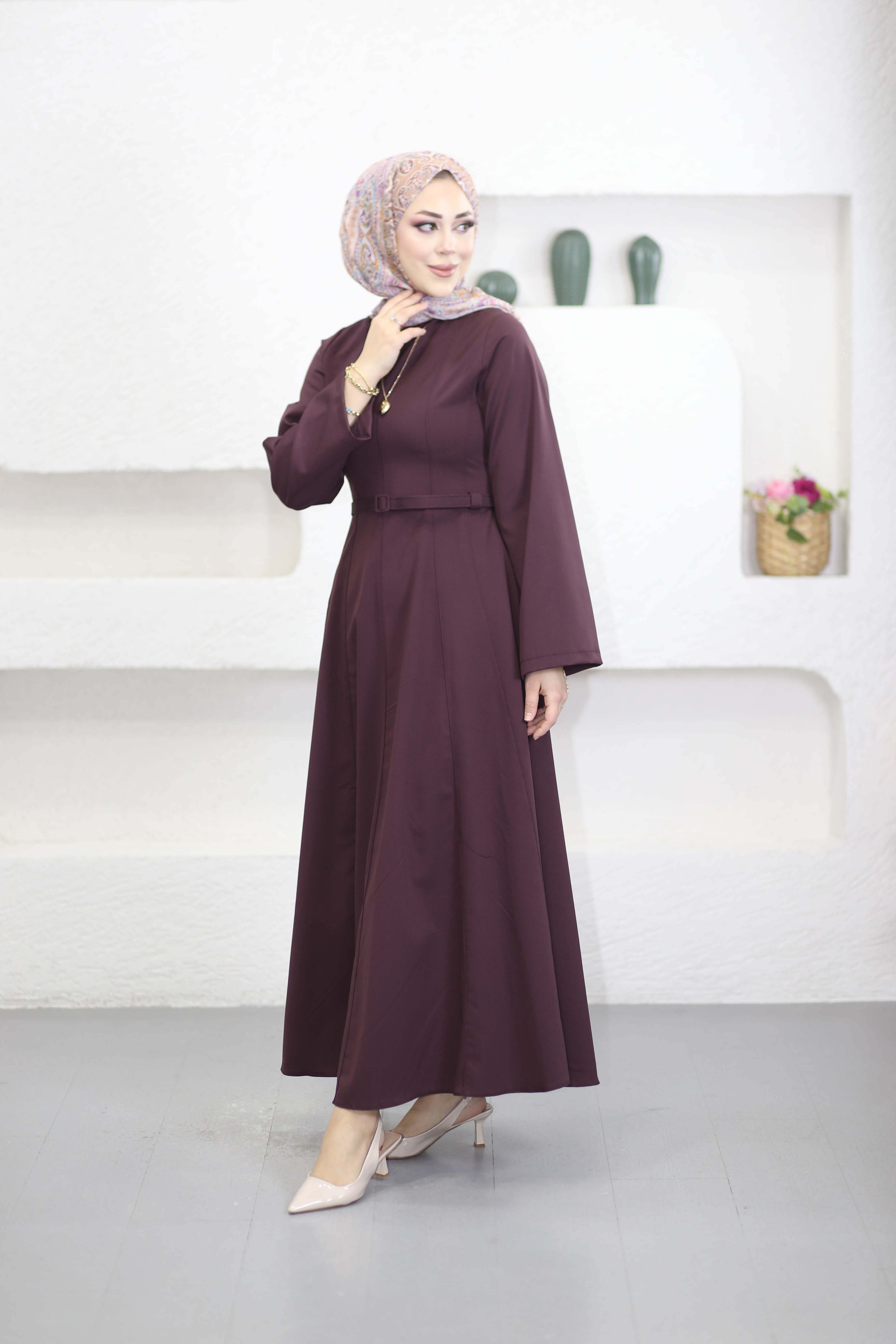 Belden Oturtmalı Kemerli Elbise Bordo 8359