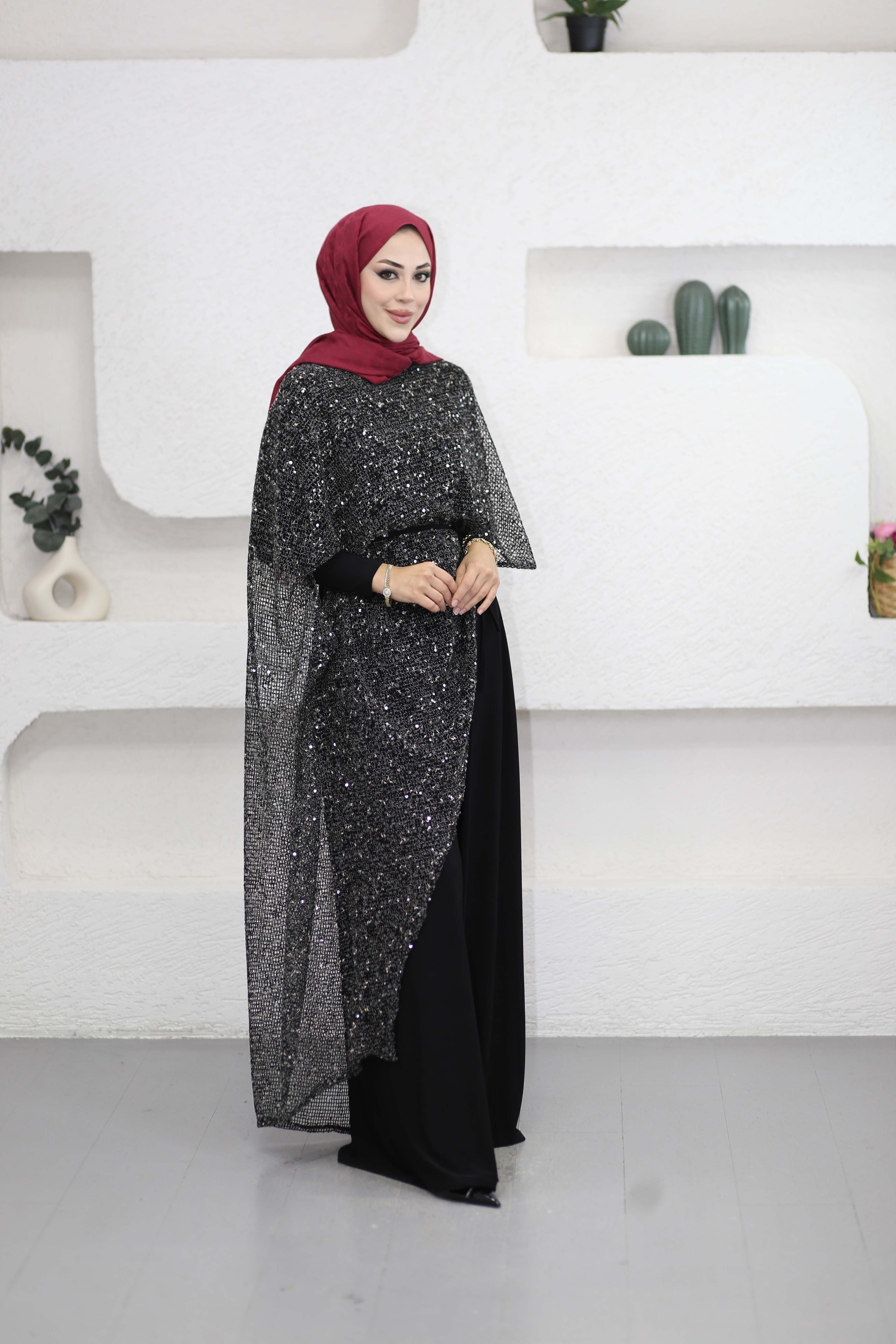 Payet Pelerinli Elbise Siyah 6647