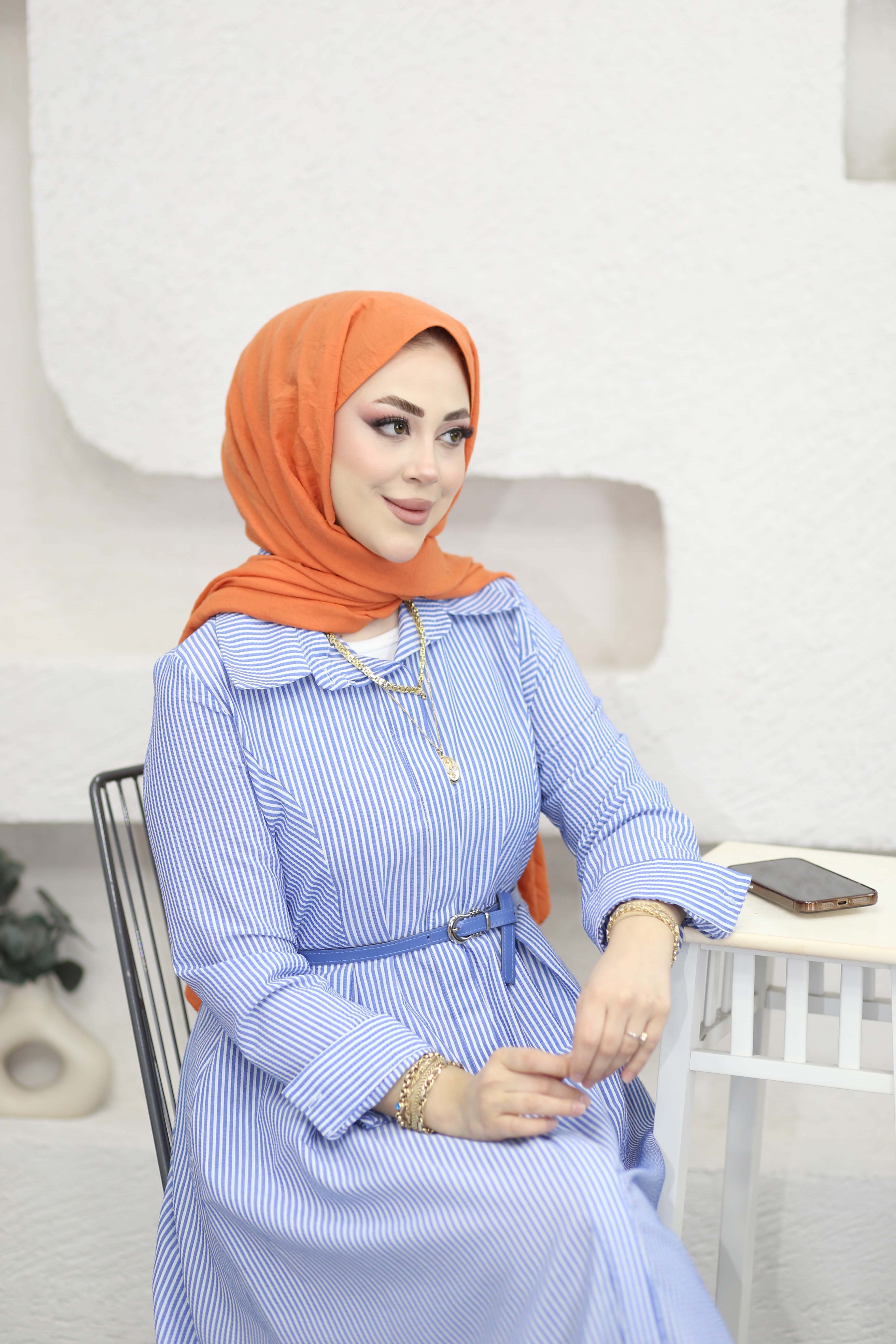 İnce Kemerli Çizgili Elbise Mavi 7595