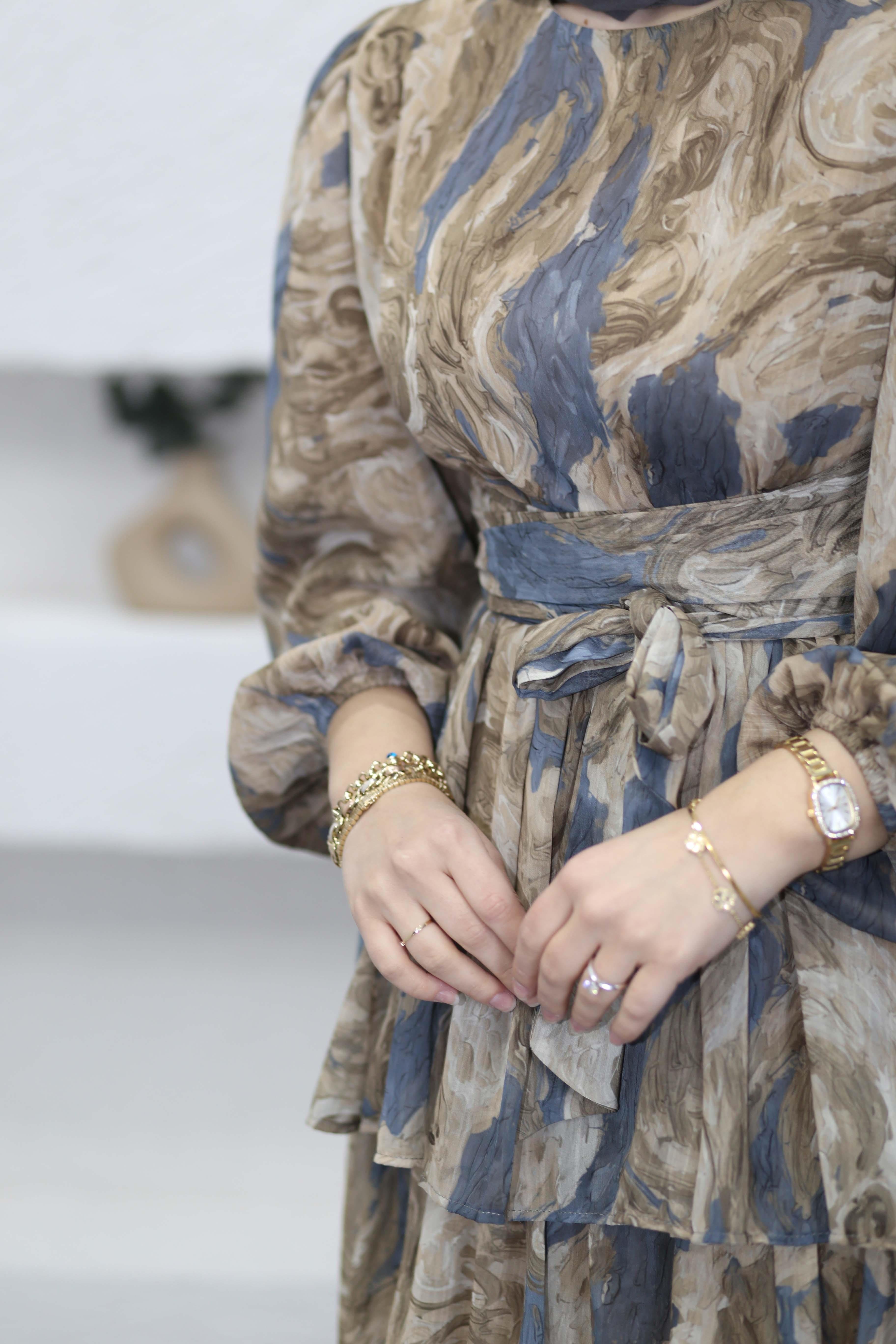 Kuşak Detaylı Kat Elbise Camel 2286