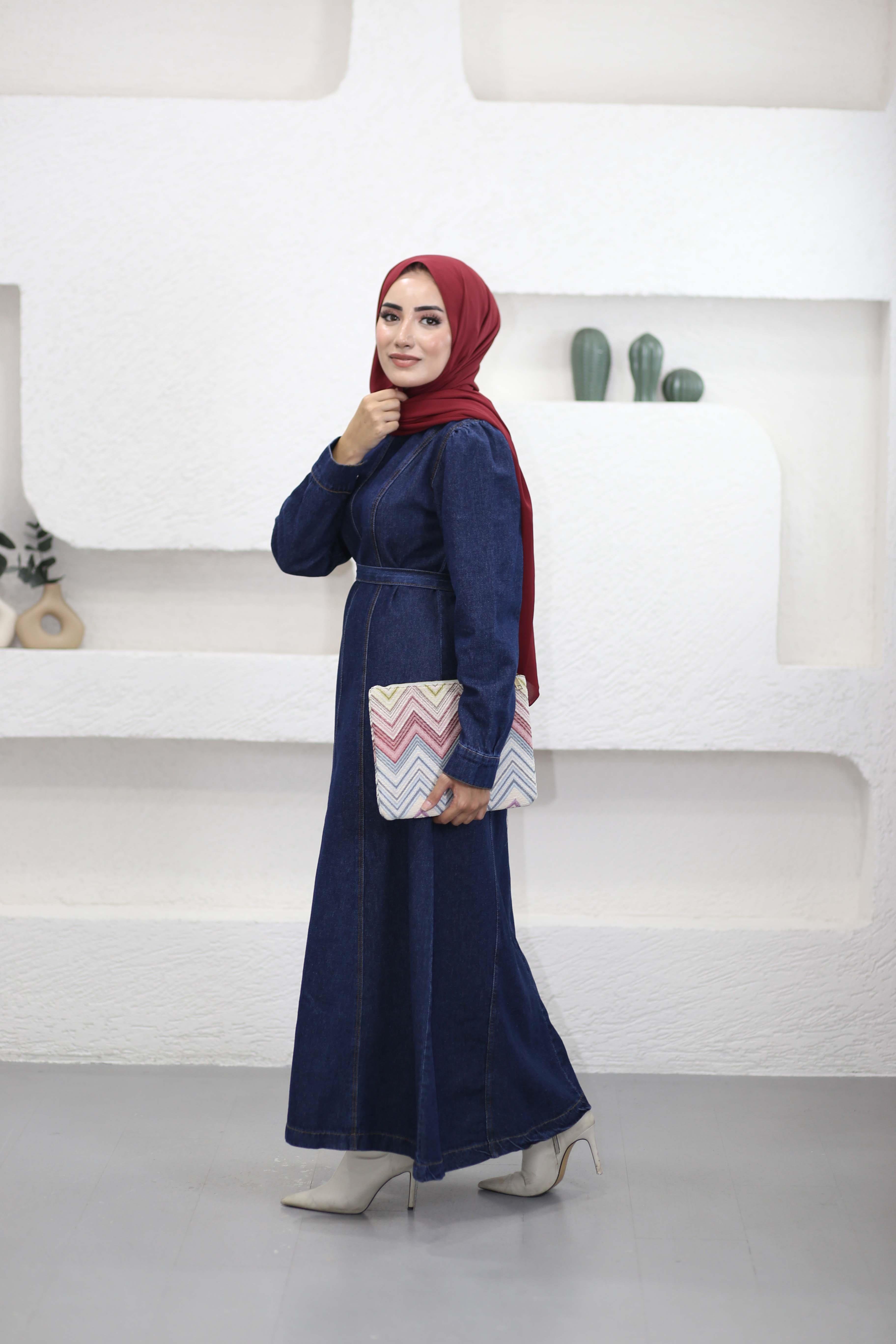 Dikiş Detaylı Denim Elbise Koyu Mavi 91010