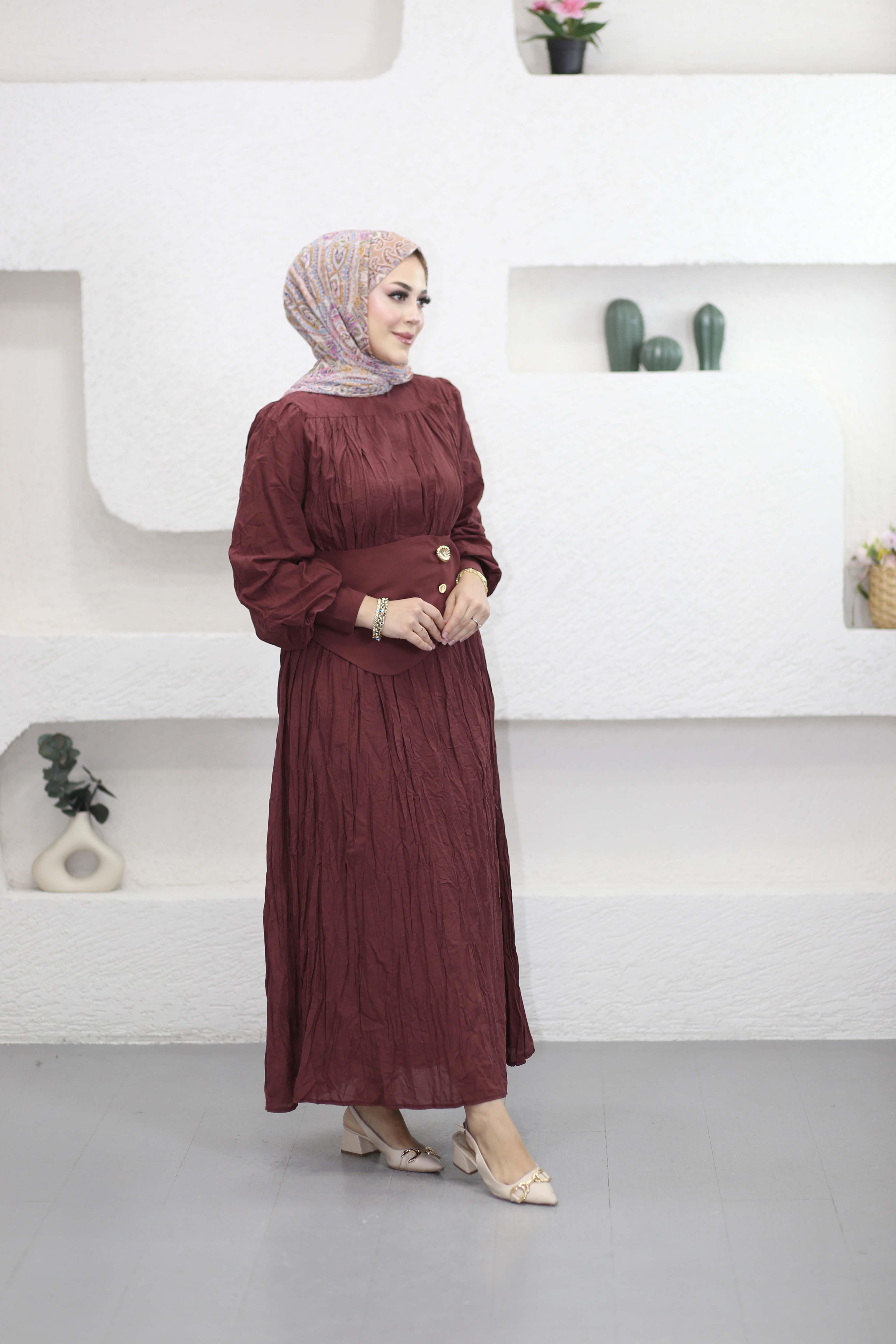 Büzgülü Yarım Patlı Vual Elbise Bordo 8323