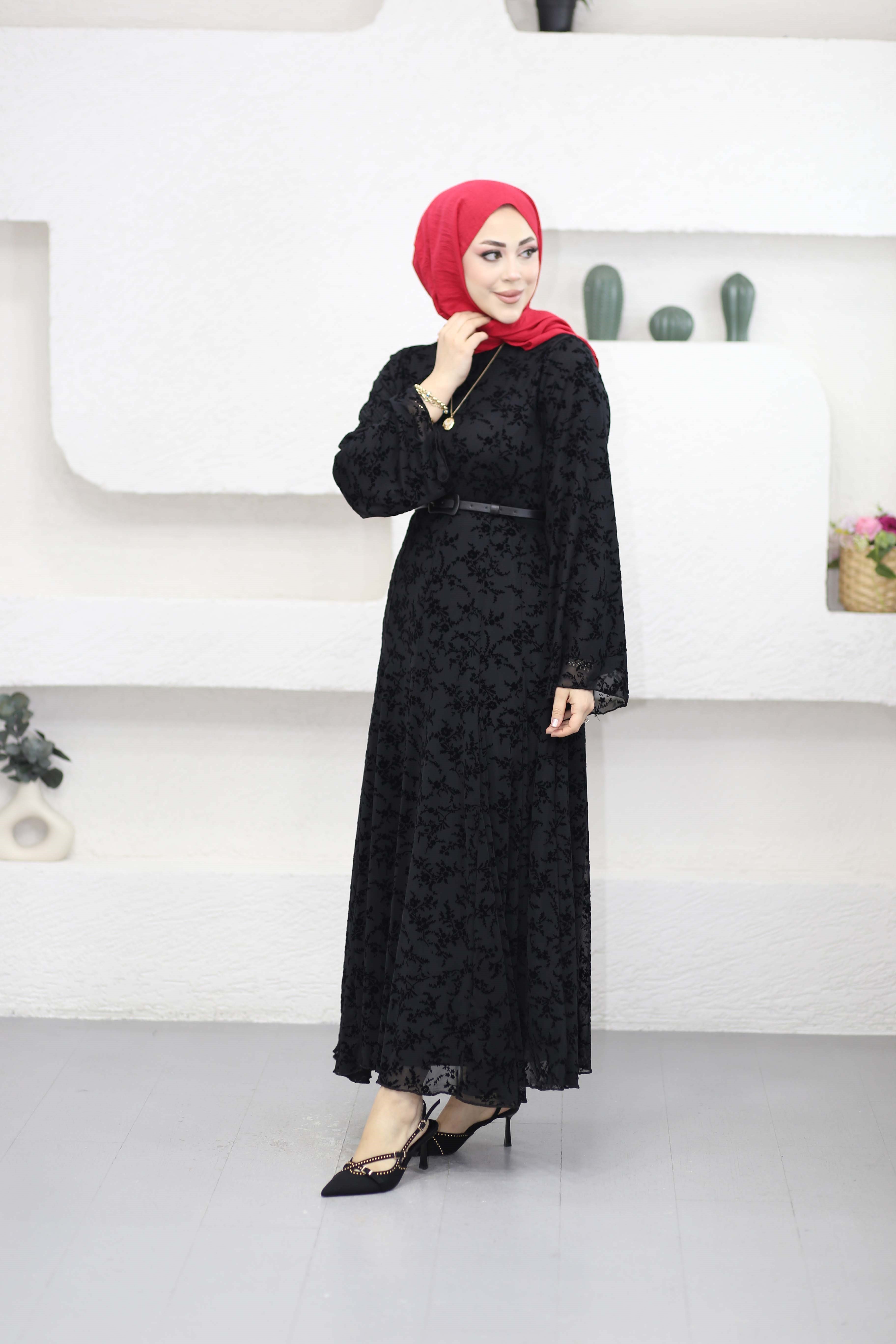 Flok Baskılı Tül Elbise Siyah 8384