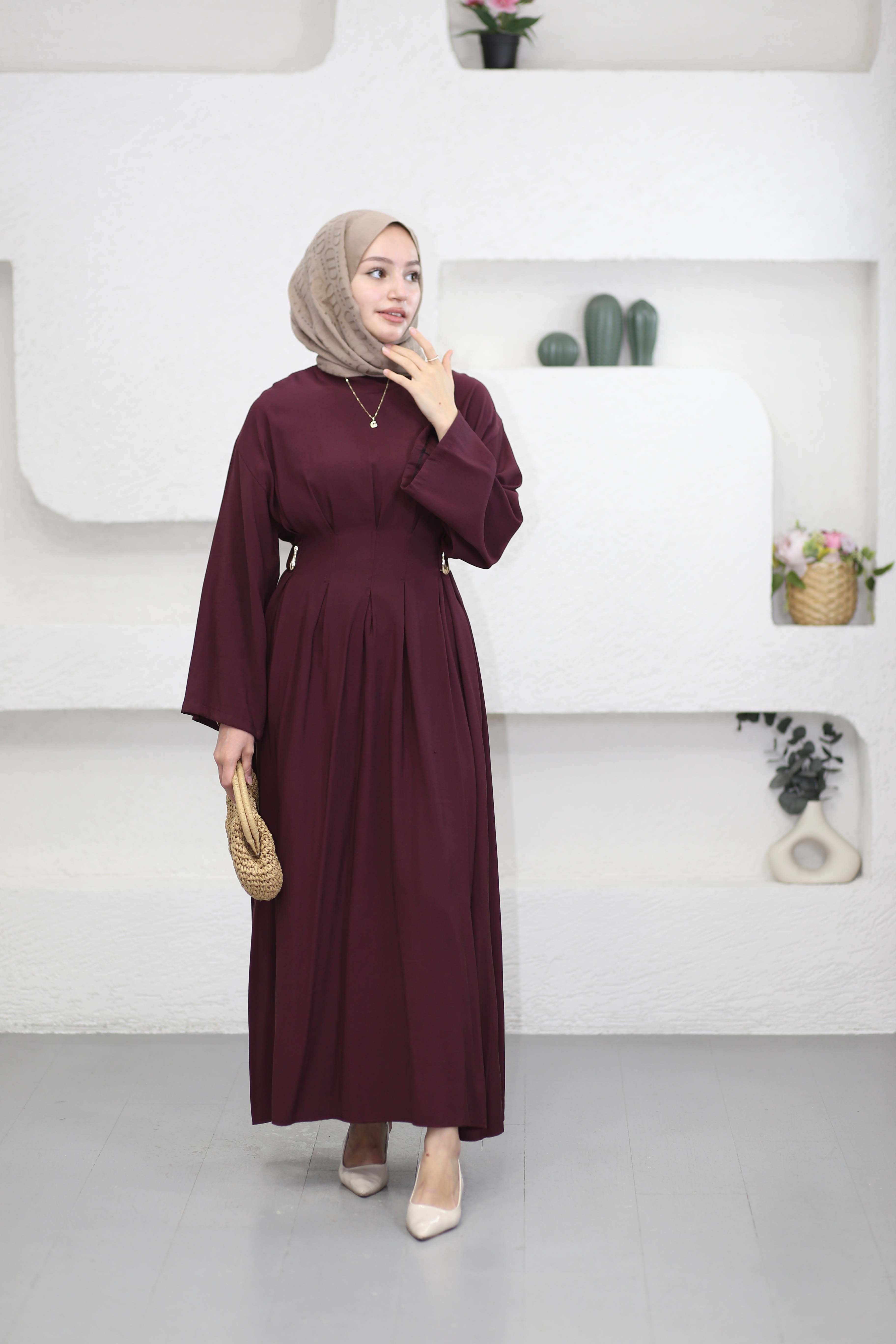 Beli Toka Pensli Elbise Mürdüm 5536