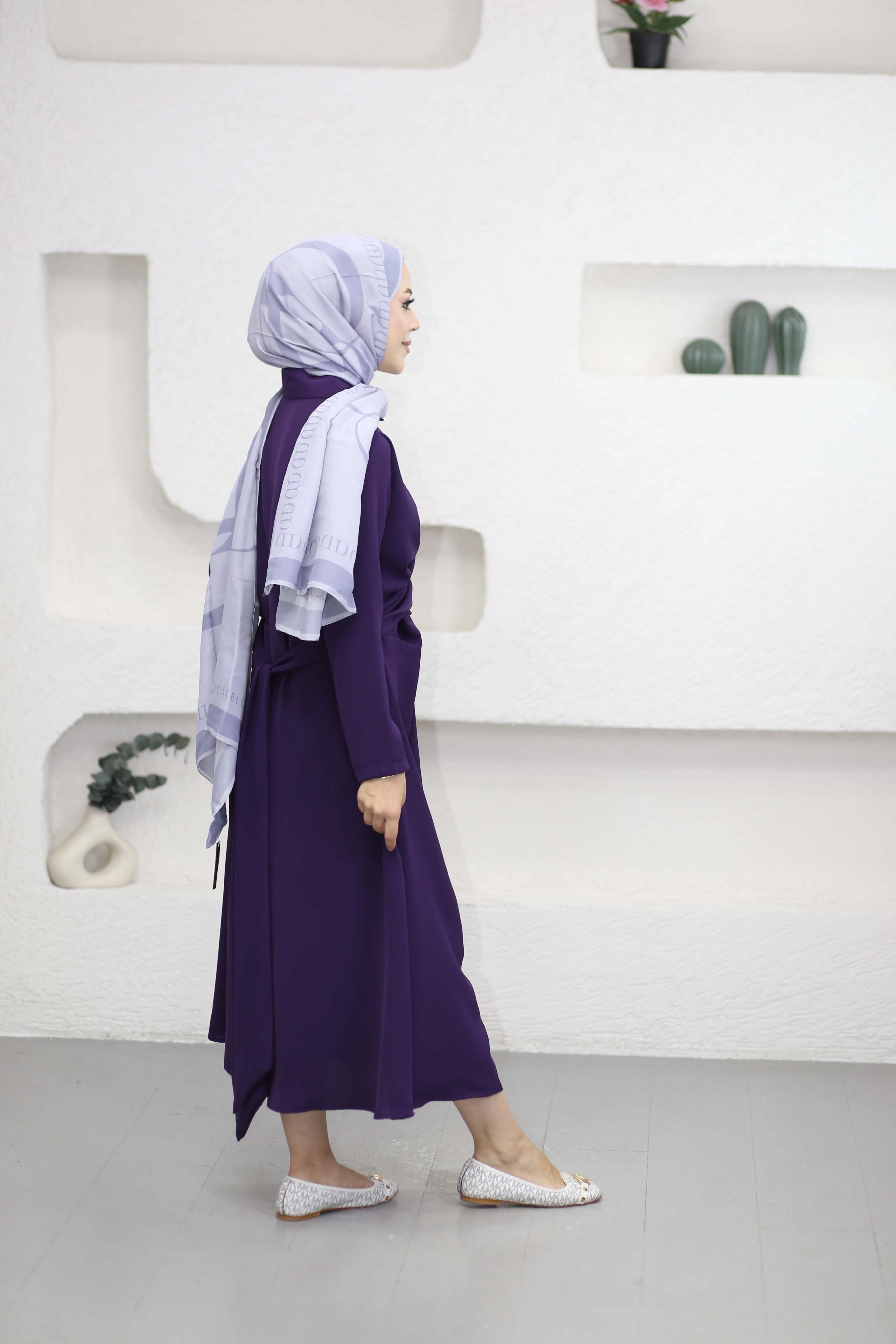 Çapraz Kuşaklı Çan Elbise Mor 5542