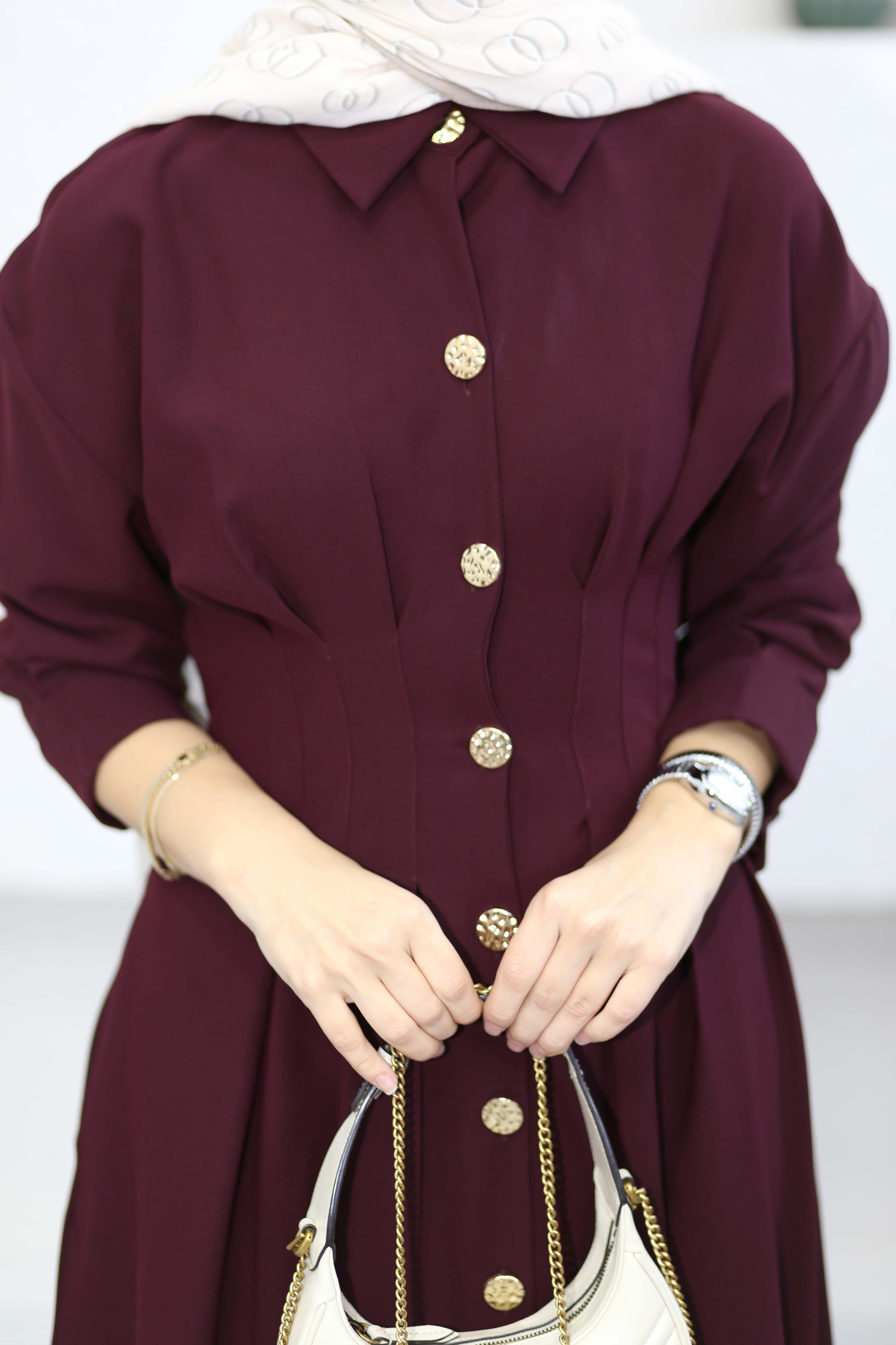 Bel Detaylı Ön Düğmeli Tencel Elbise Bordo 5509