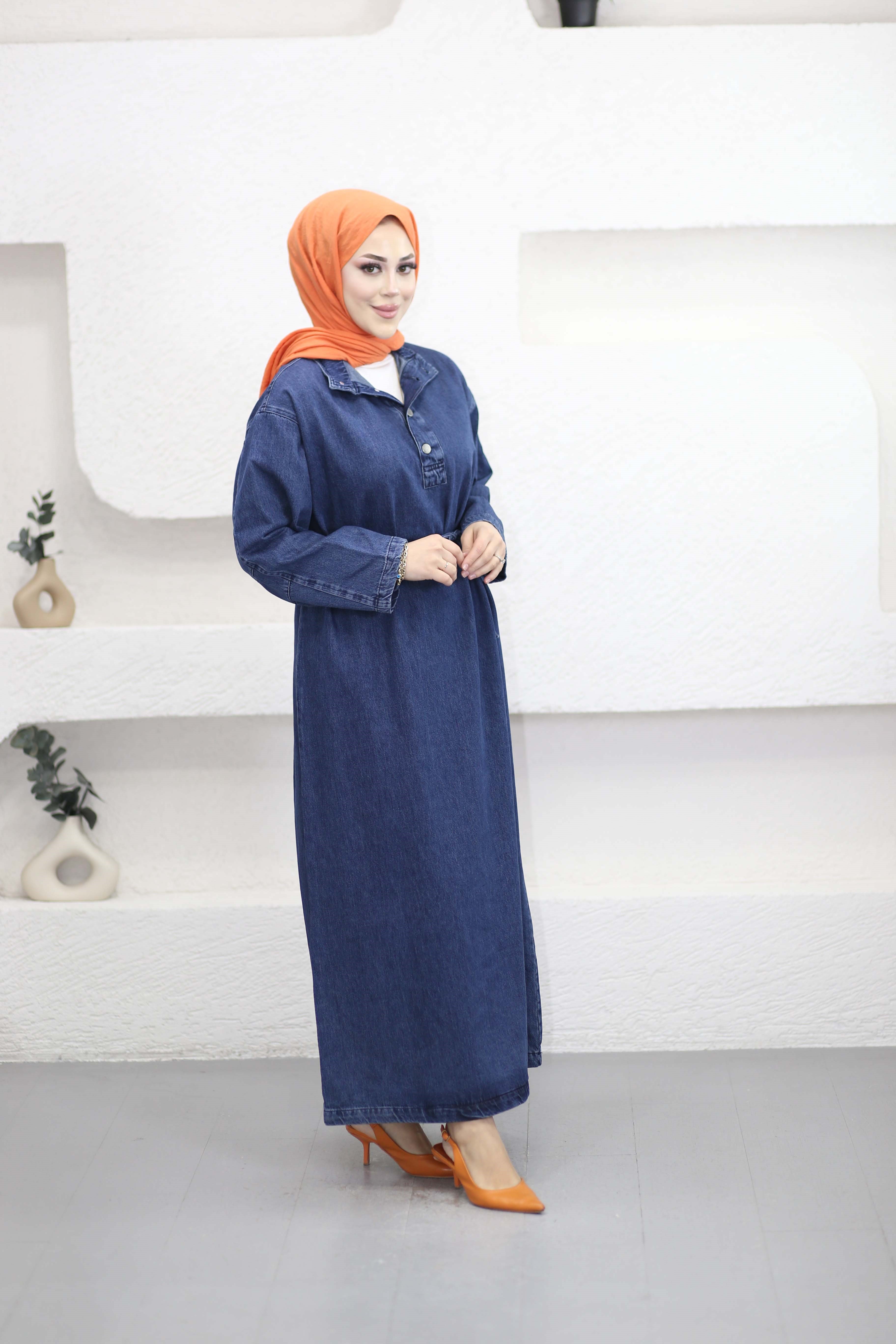 Yakası Düğmeliş Kot Elbise Koyu Mavi 25025