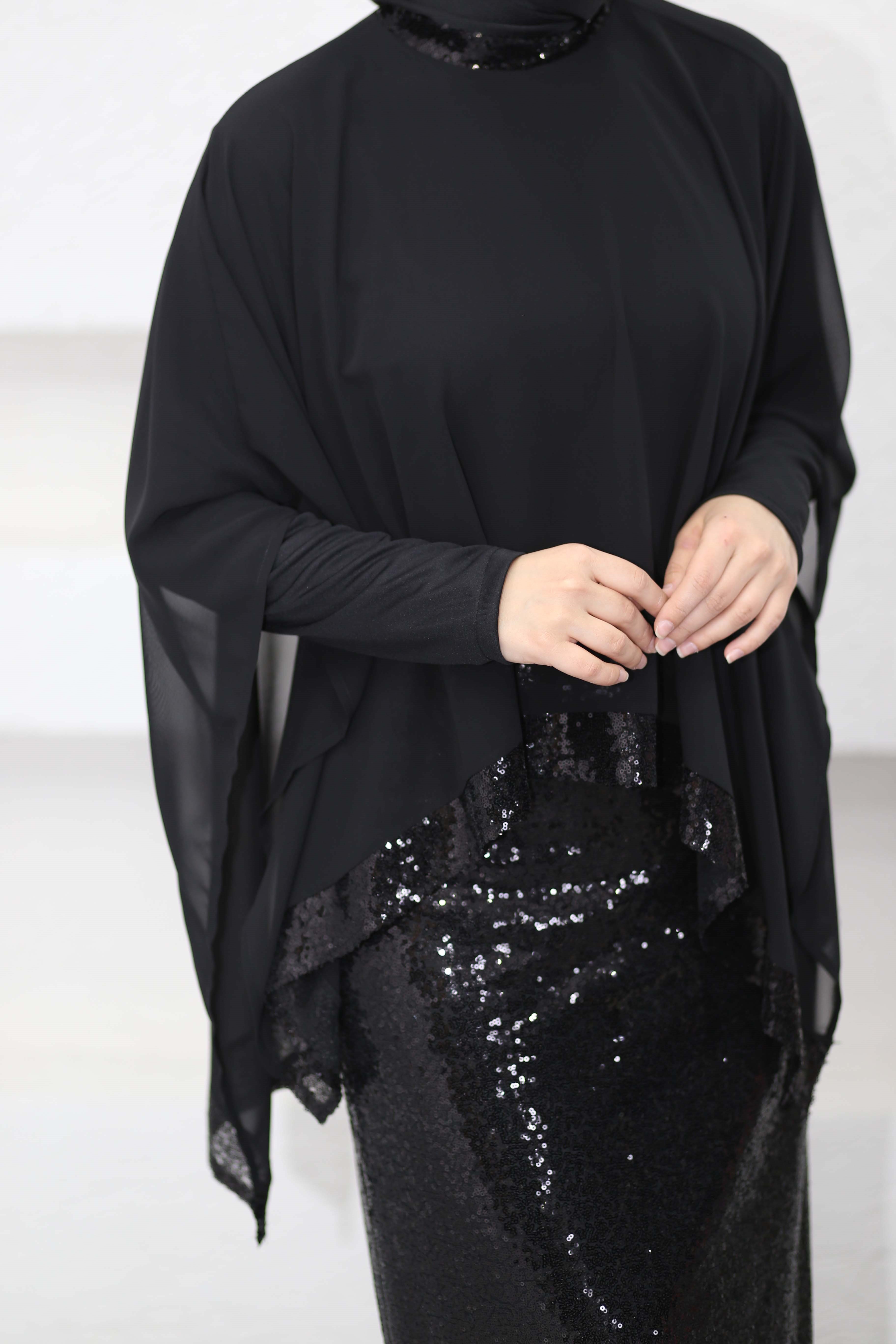 Pelerinli Payet Elbise Siyah 9449