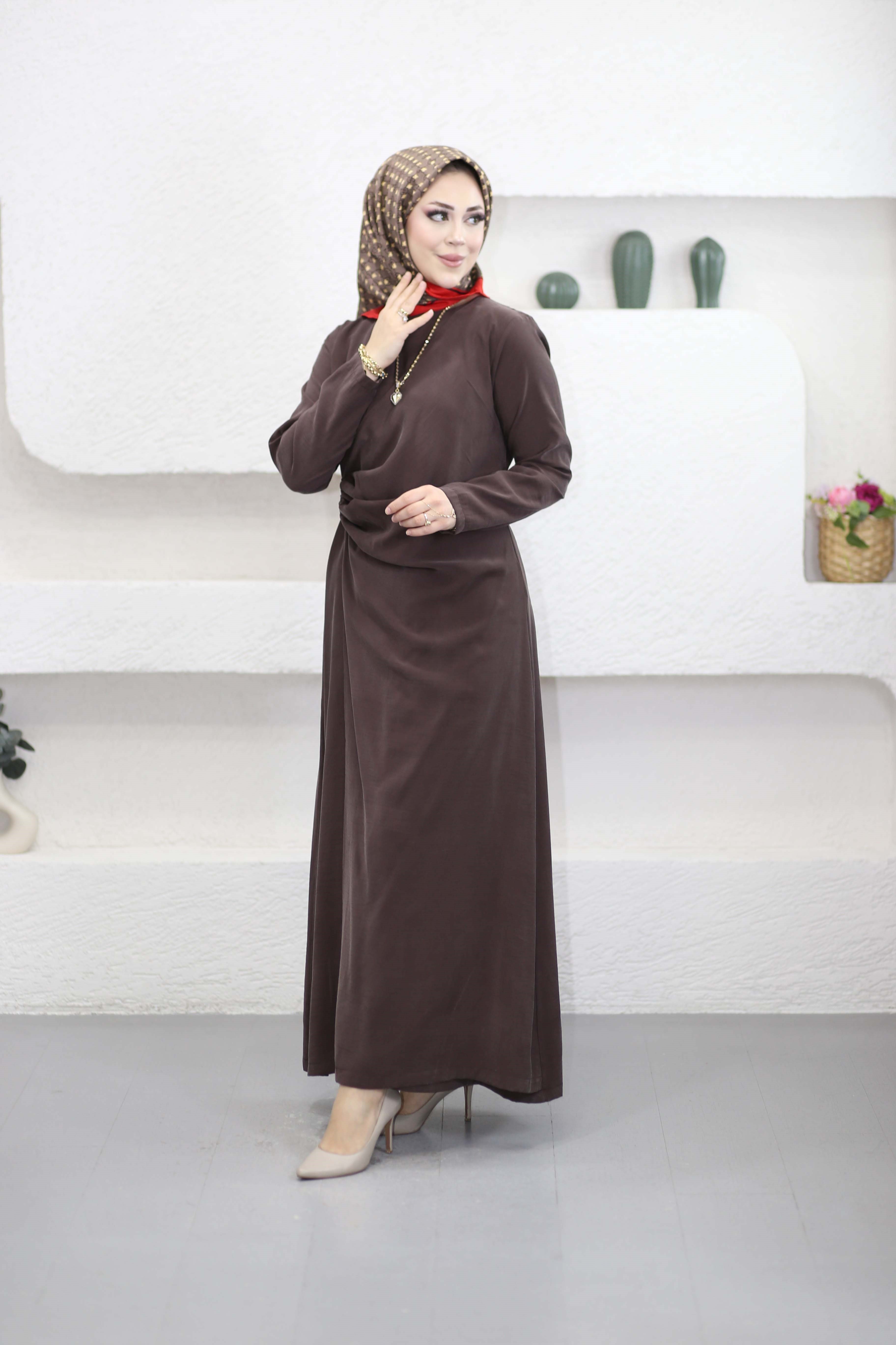 Anvelok Tokalı Elbise Kahverengi 4676