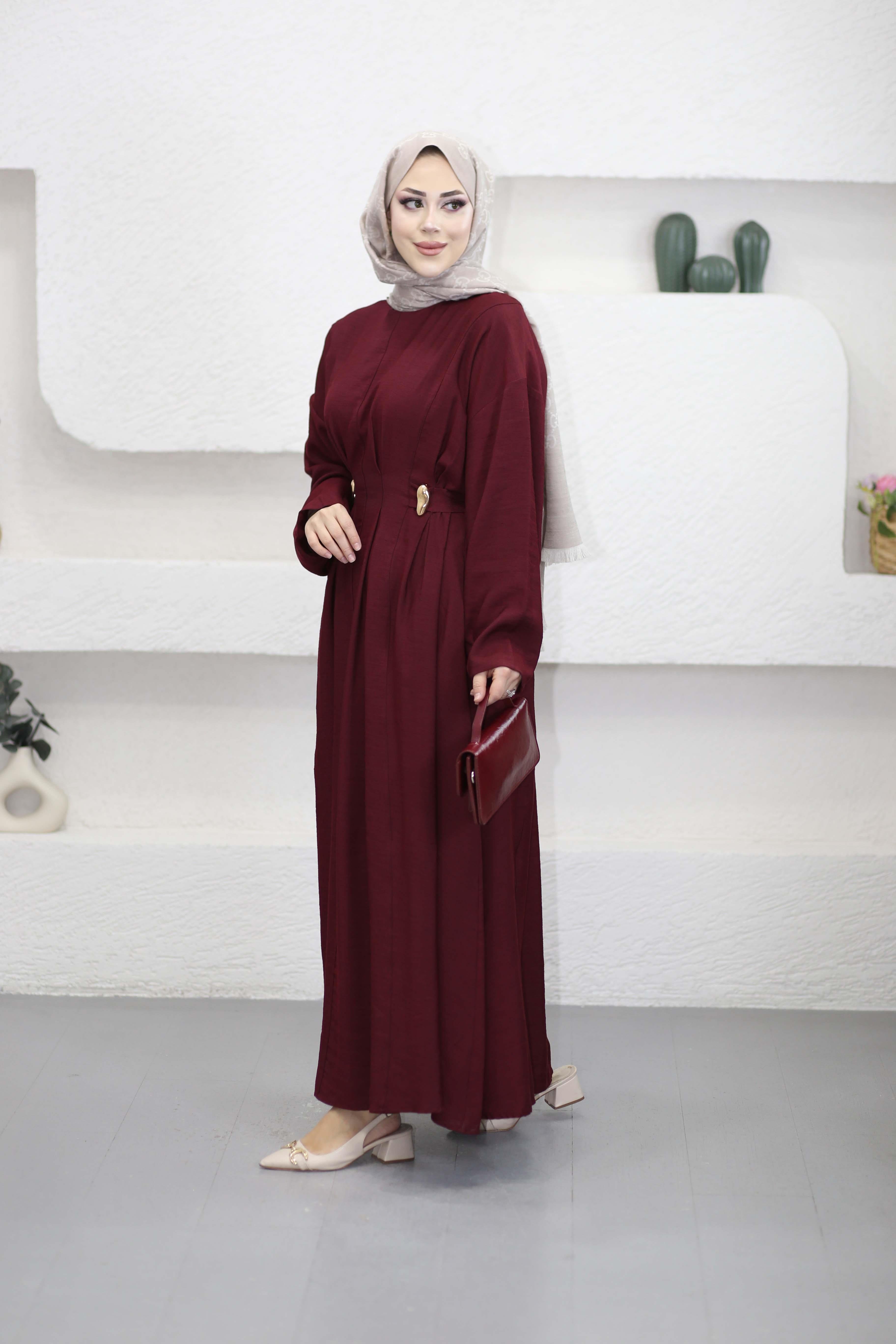 Cherry Keten Elbise Bordo 1079