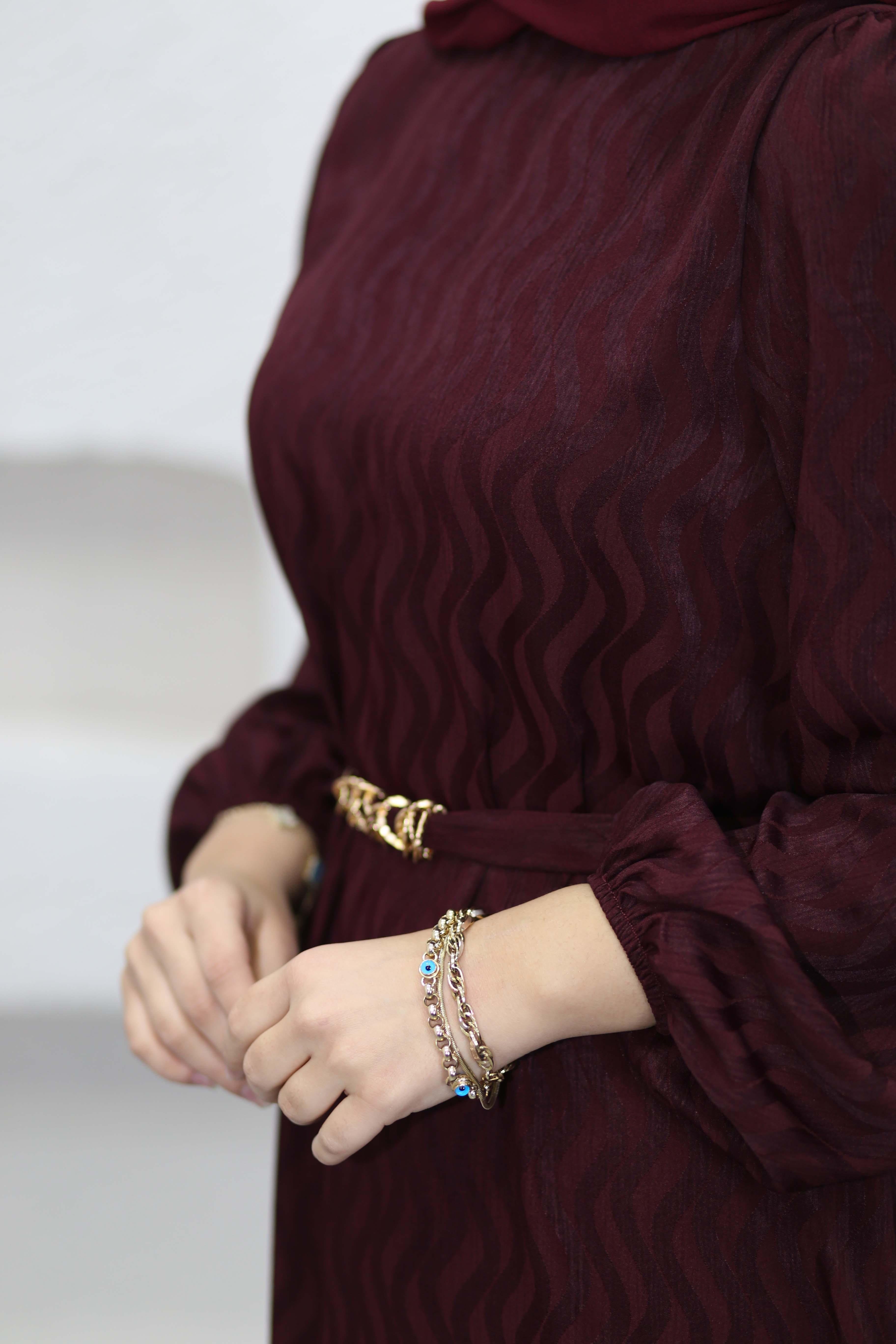 Gold Geçirme Kuşaklı Elbise Bordo 6073