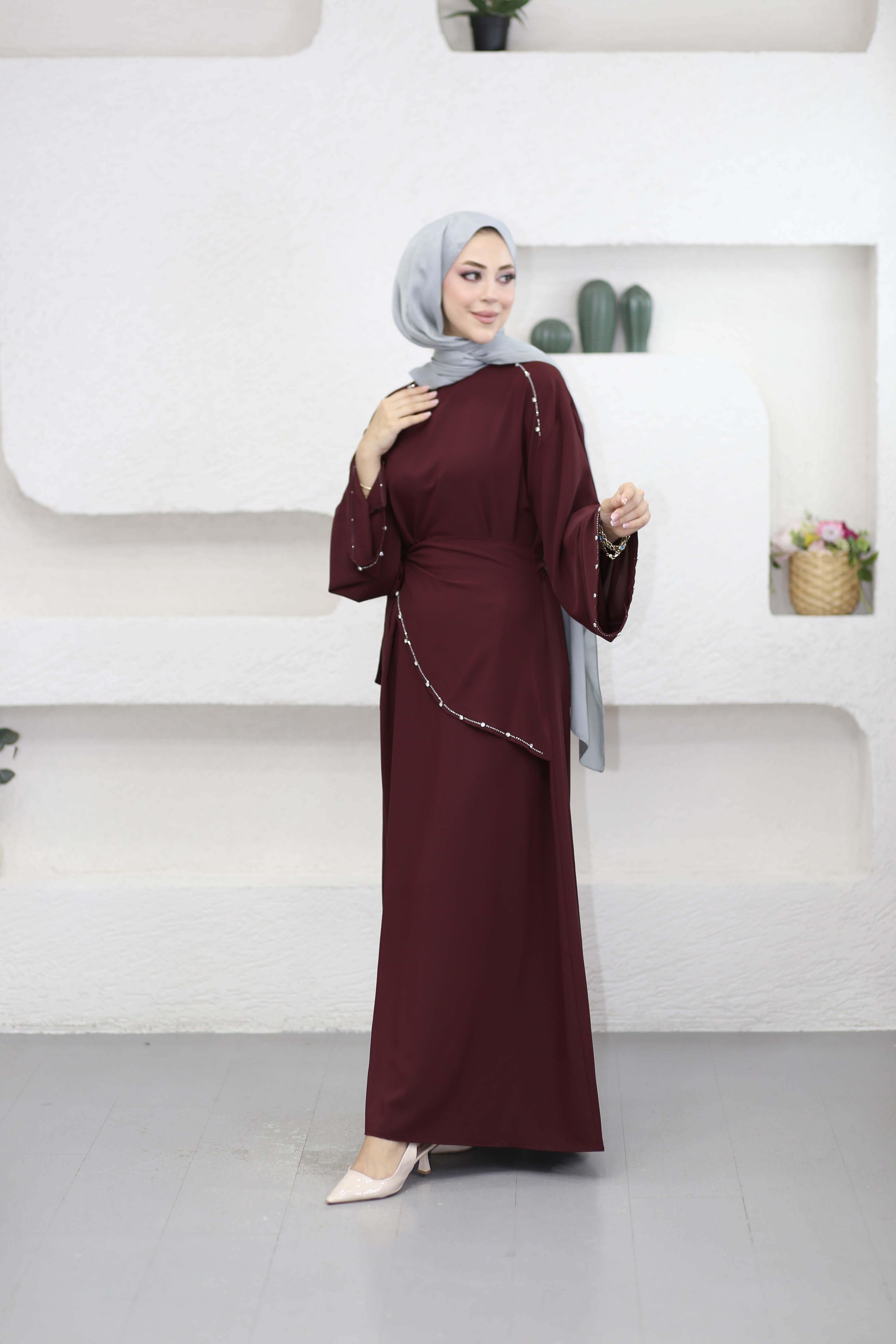 Taş ve Kruvaze Detaylı Elbise Bordo 26122