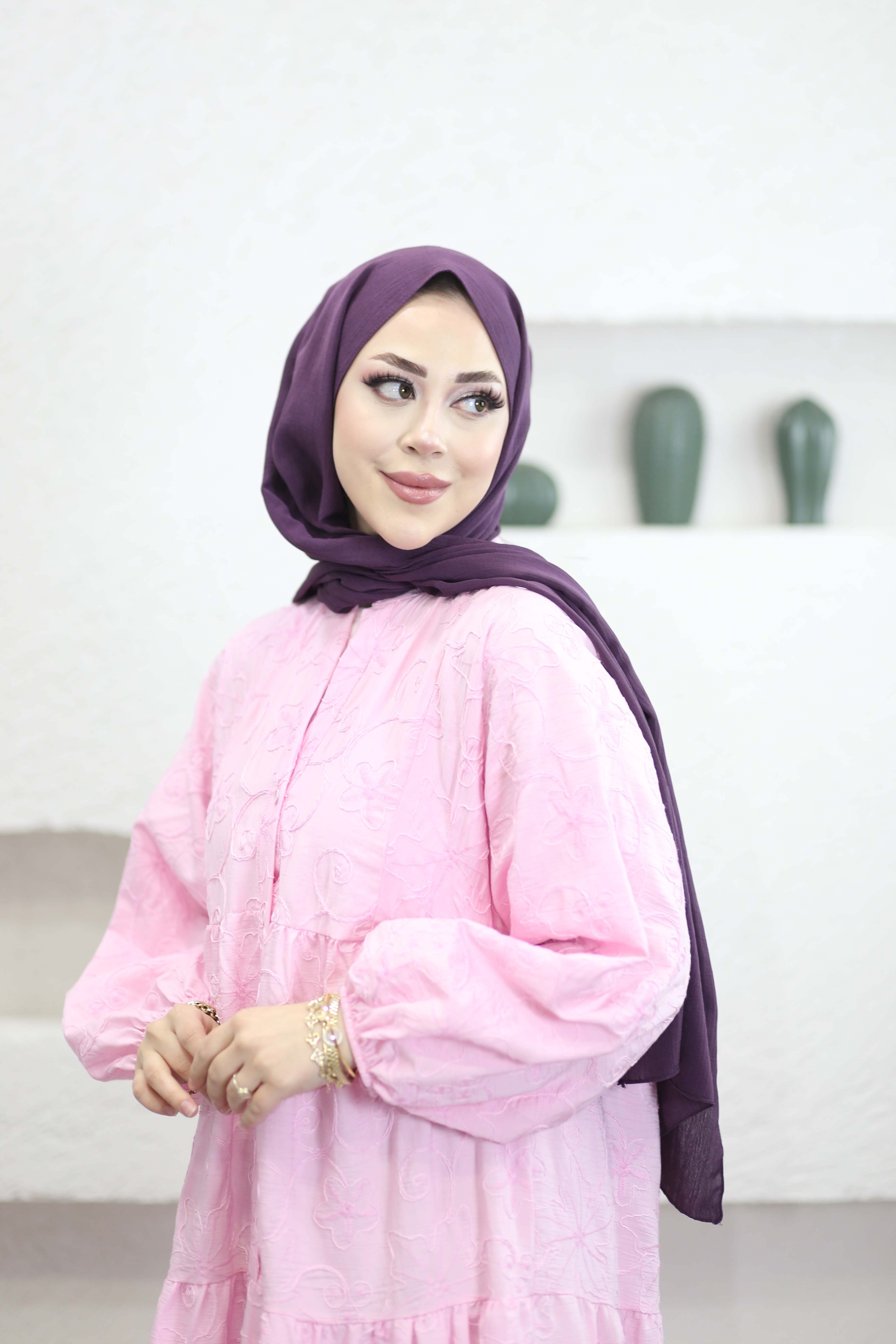 Robalı Çiçek İşlemeli Elbise Pembe 001