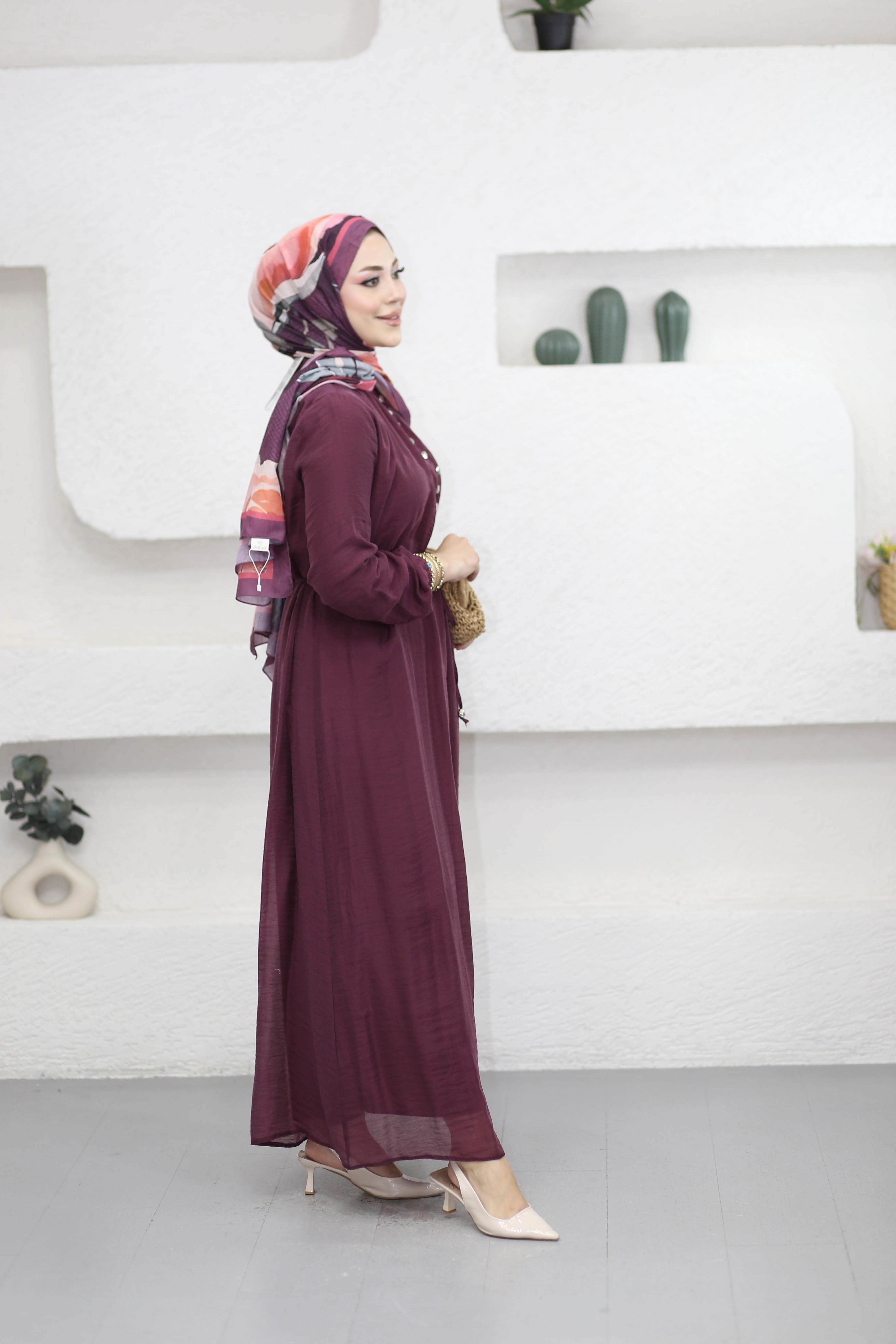 Yarı Düğmeli Elbise Mürdüm 5353