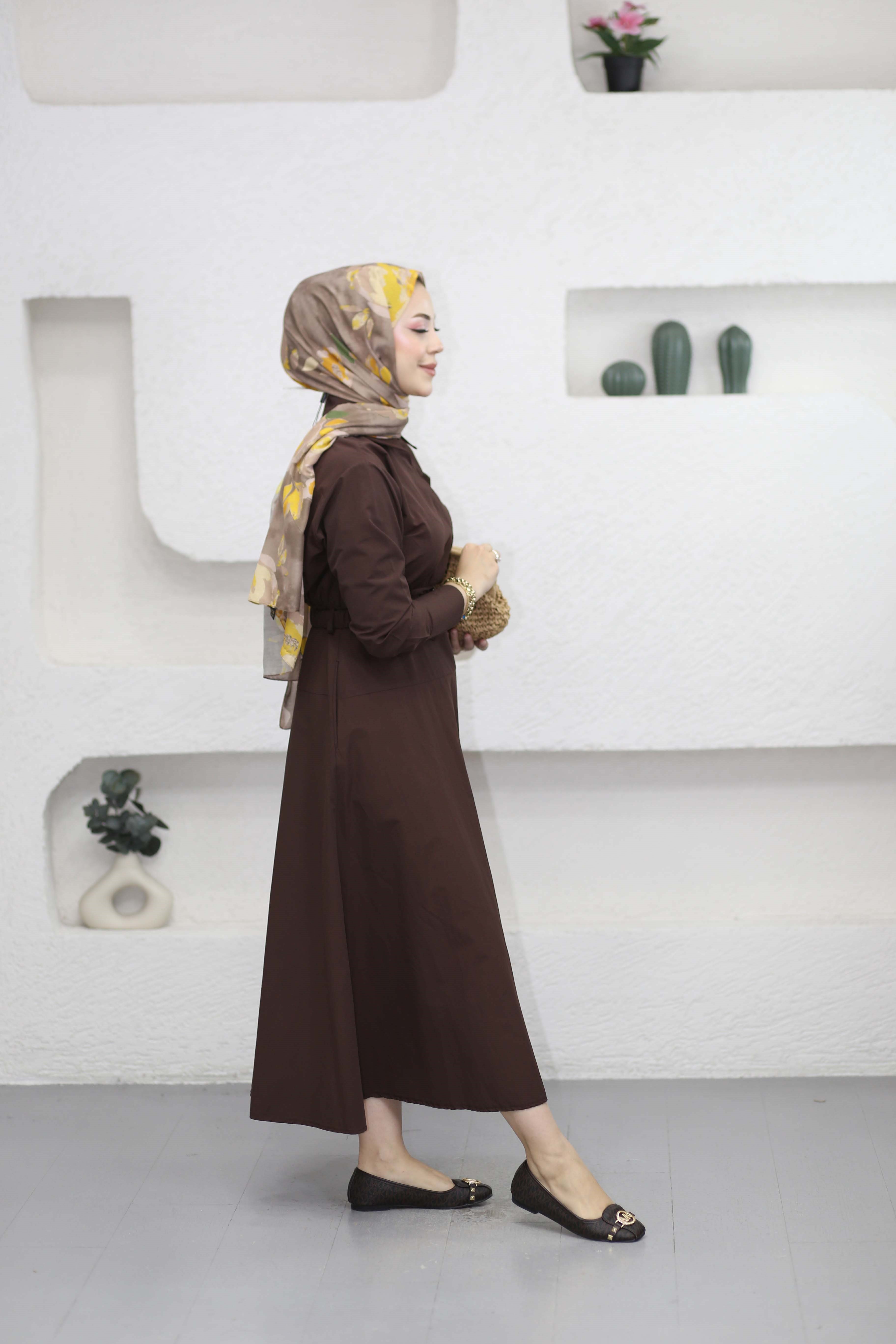 Lastik Kemerli Elbise Kahverengi 5516