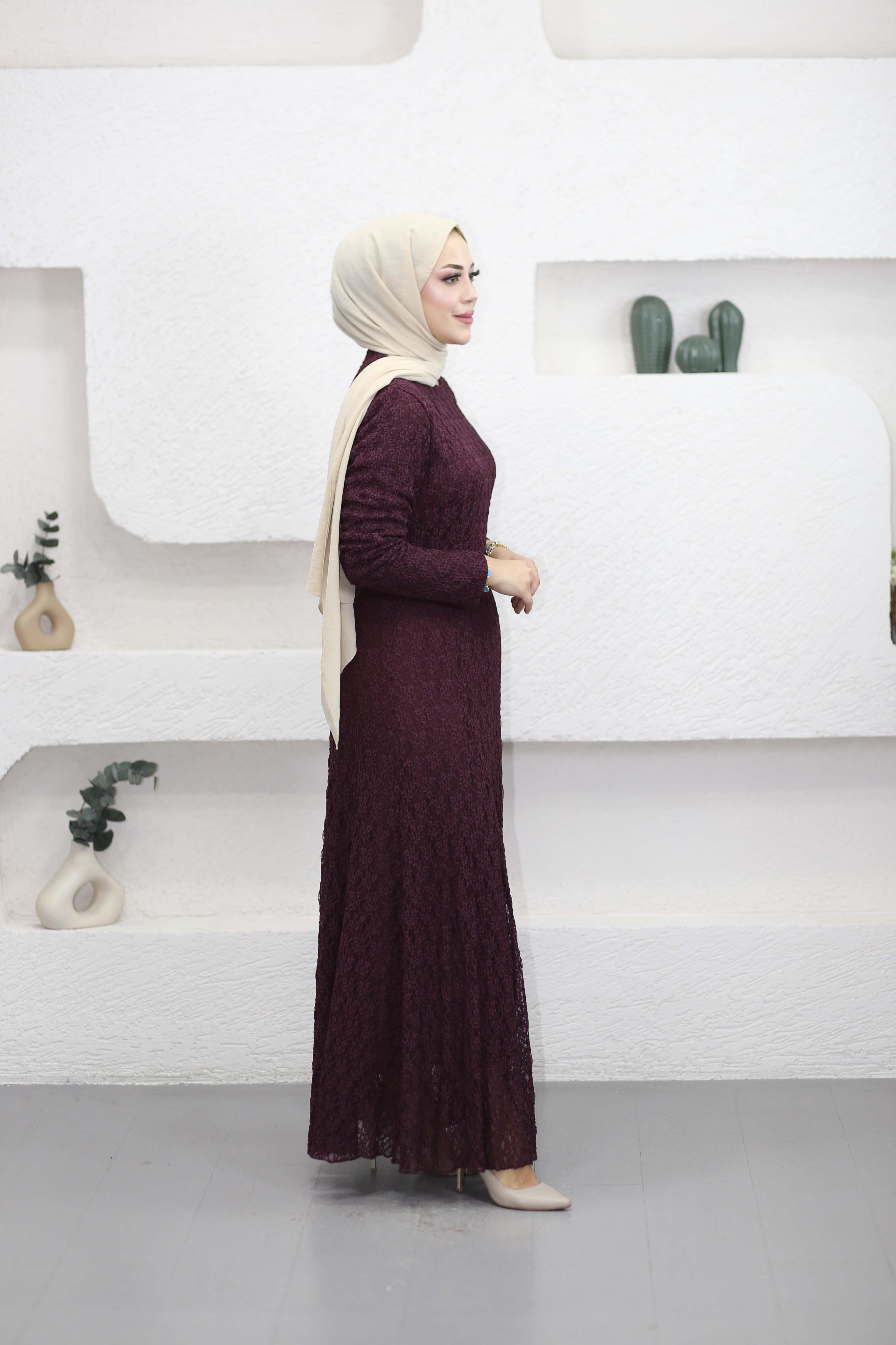 Kemerli Dantel Elbise Mürdüm 51246