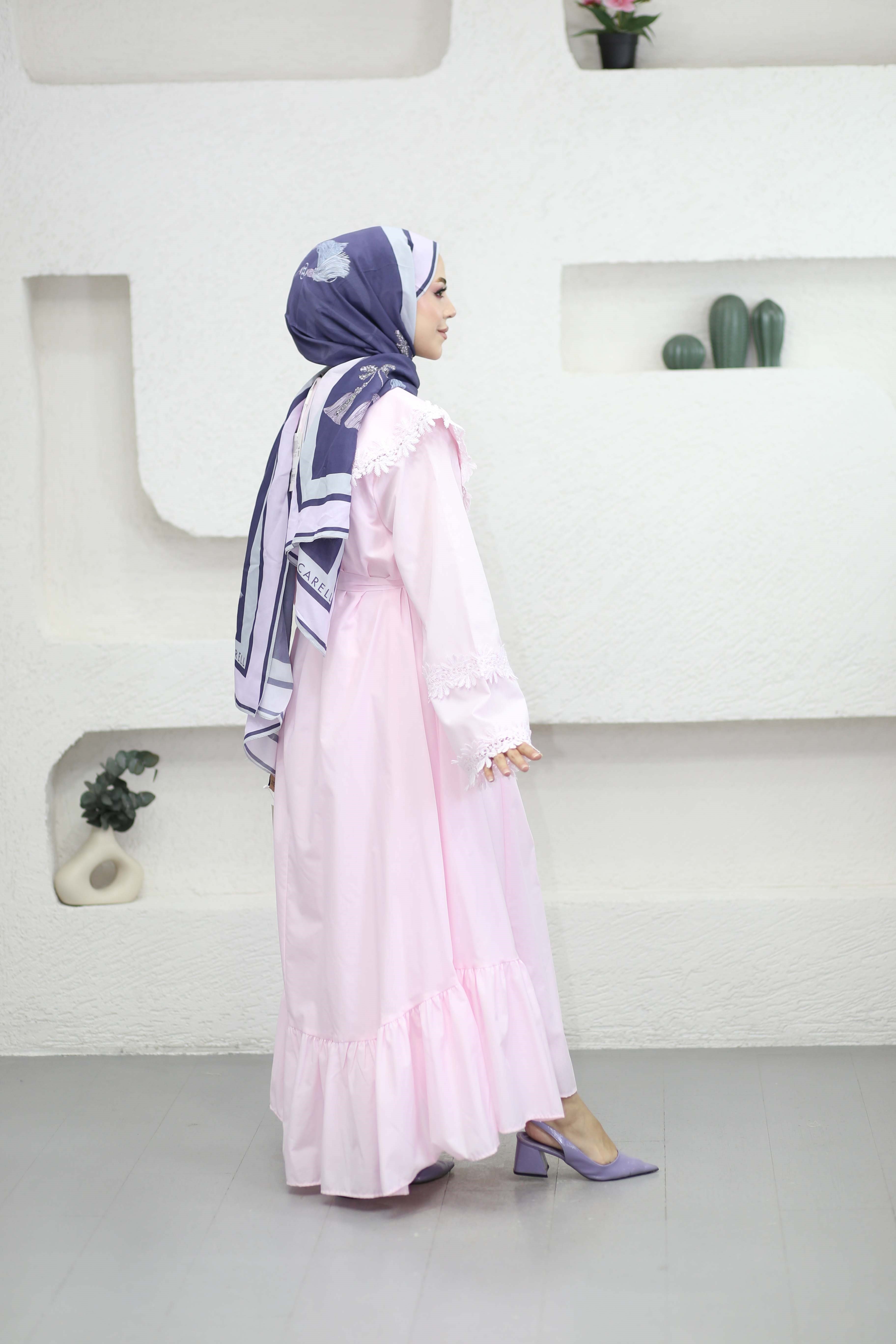 Güpürlü Dacron Elbise Pembe 8544