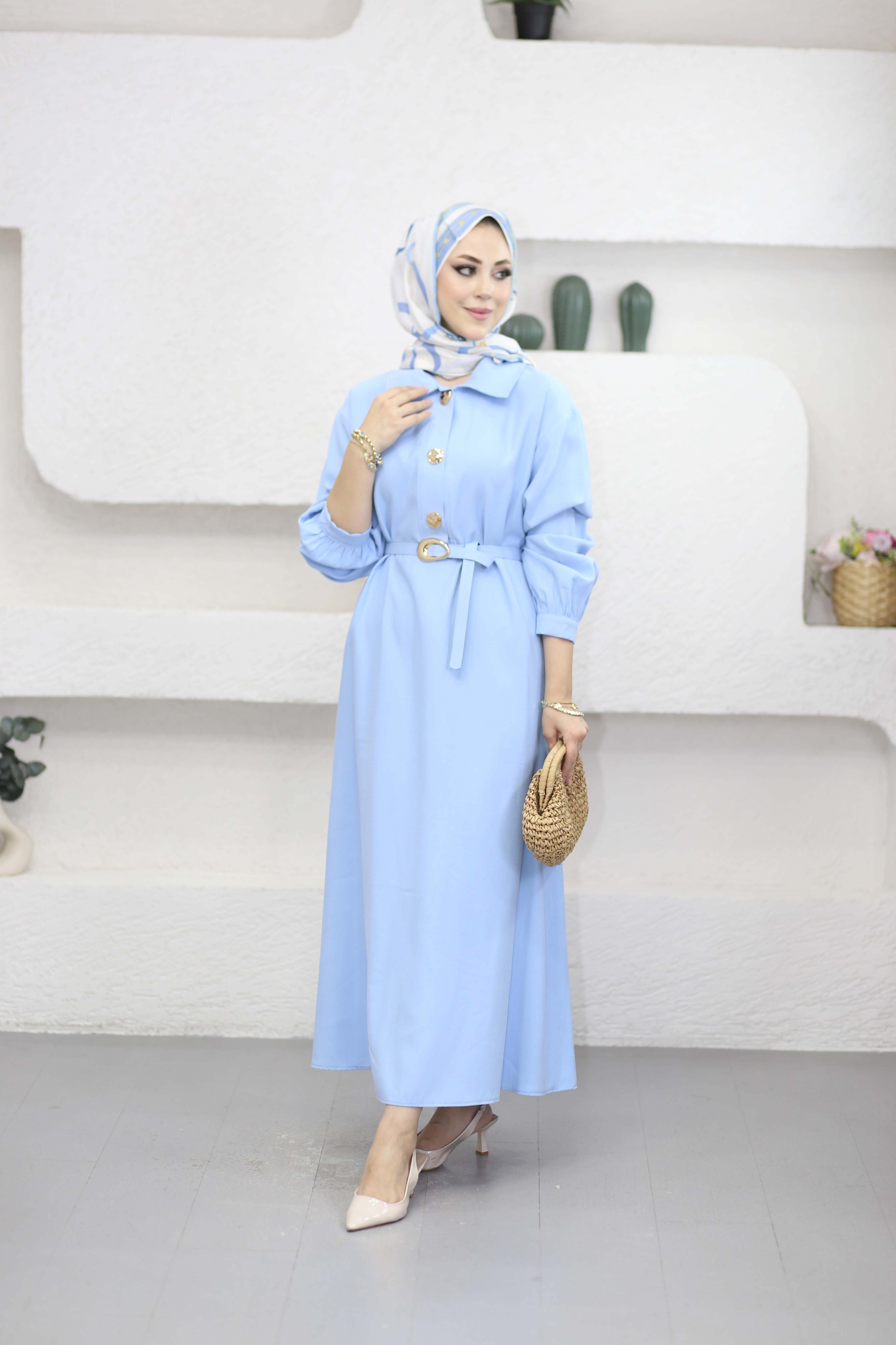 Yakalı Kemerli Elbise Bebe Mavi 5525