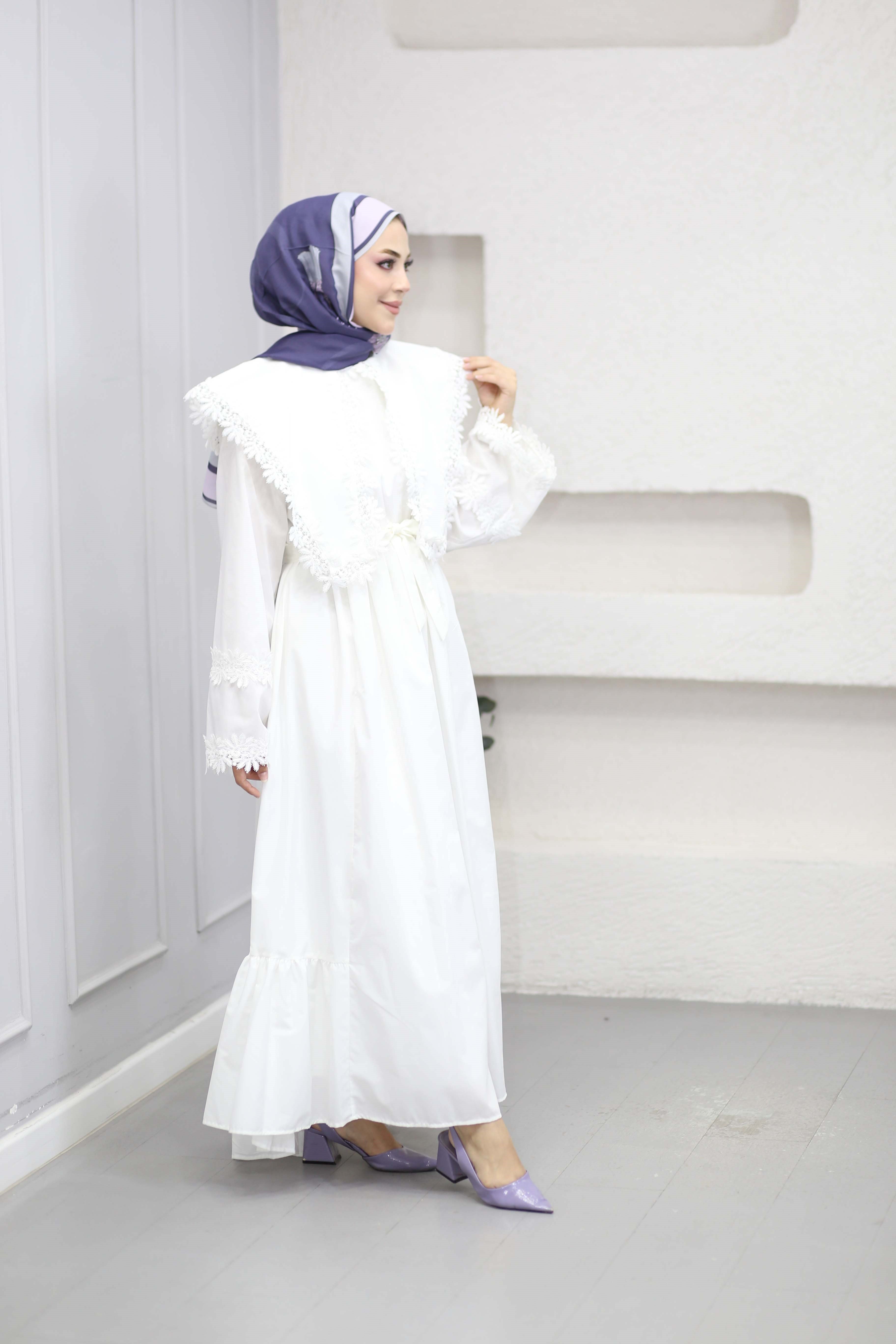Güpürlü Dacron Elbise Beyaz 8544