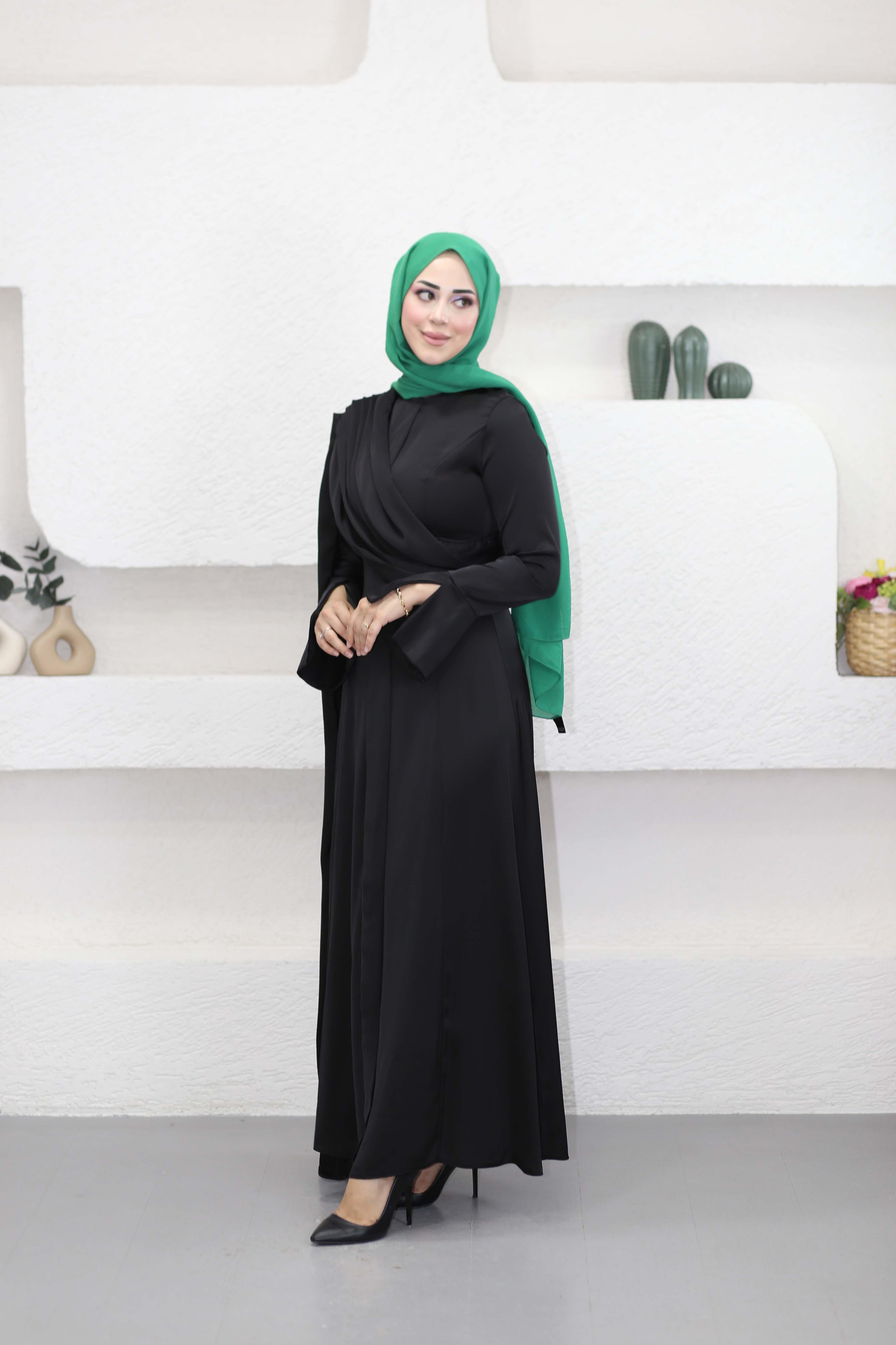 Saten Drape Elbise Siyah 9965