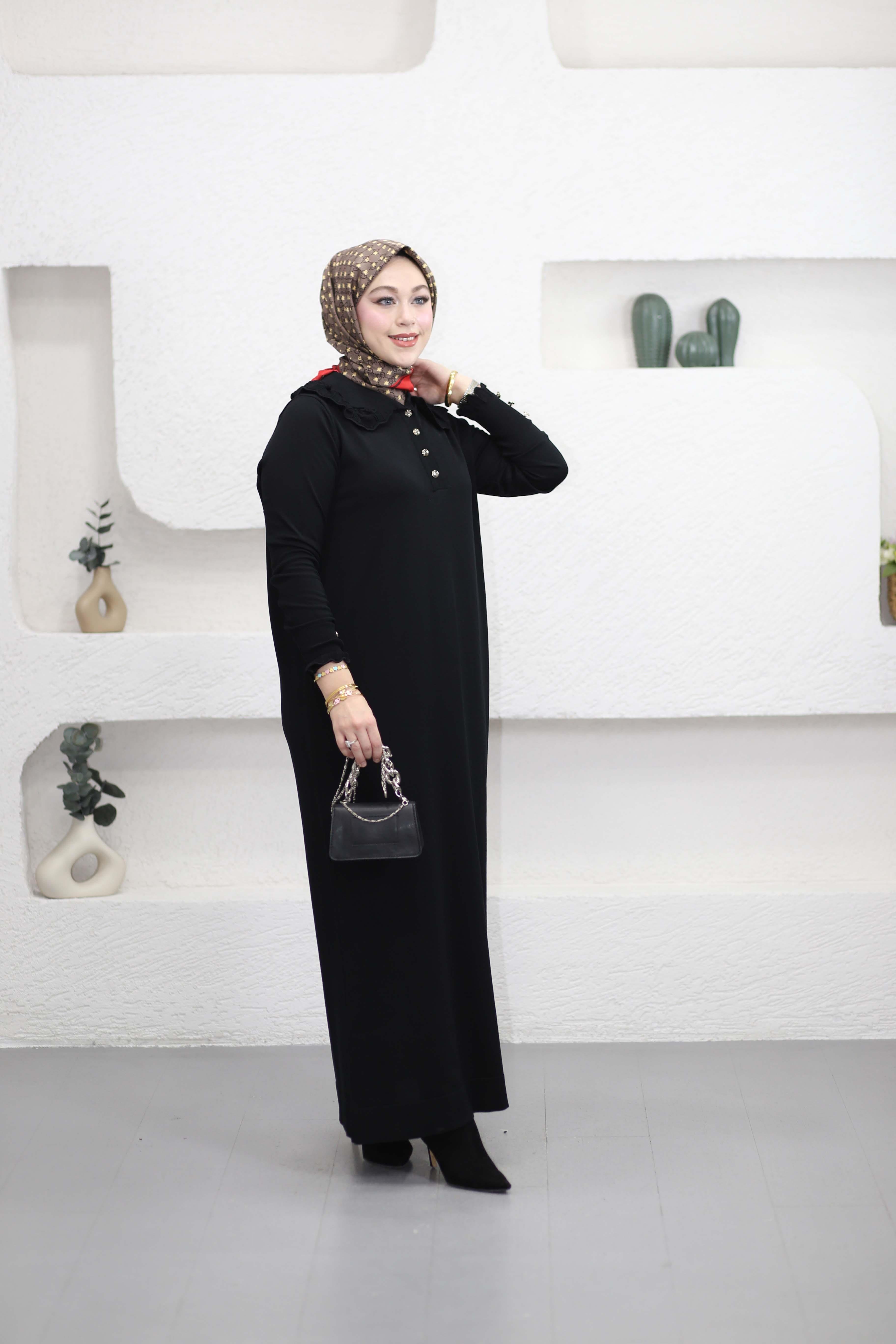 Yakası Dantelli Elbise Siyah 261