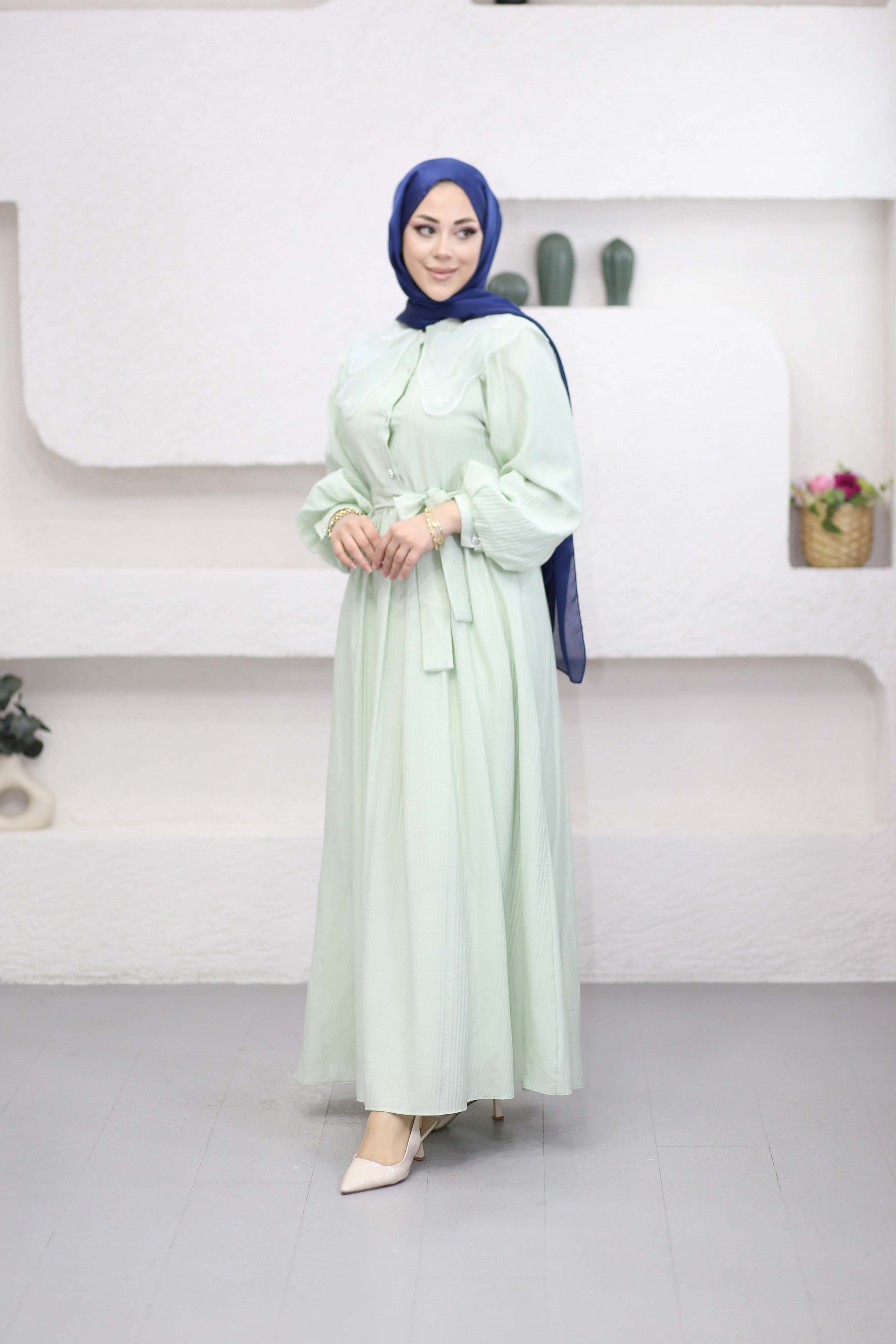 Tül Yaka Elbise Mint 265