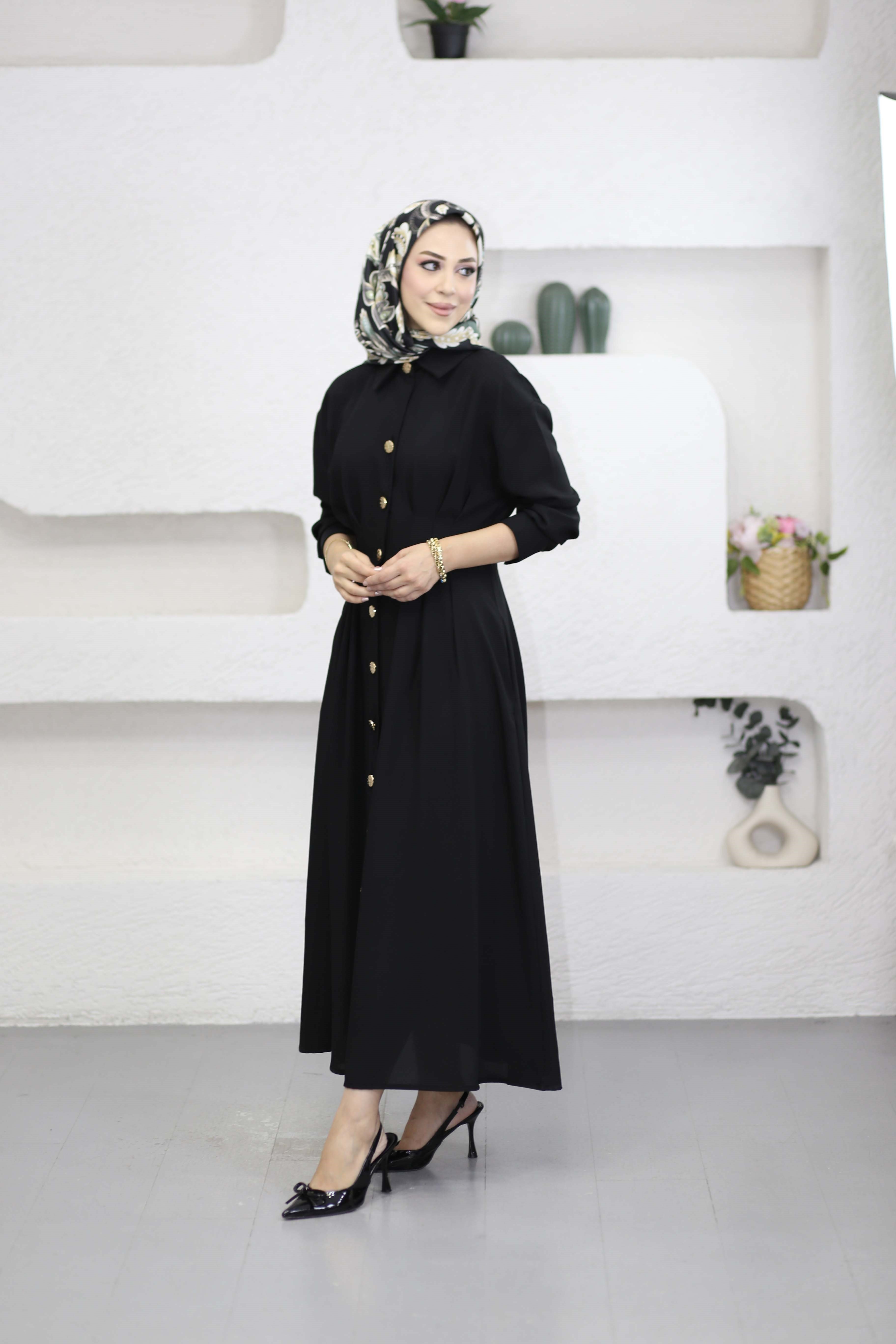 Bel Detaylı Ön Düğmeli Tencel Elbise Siyah 5509
