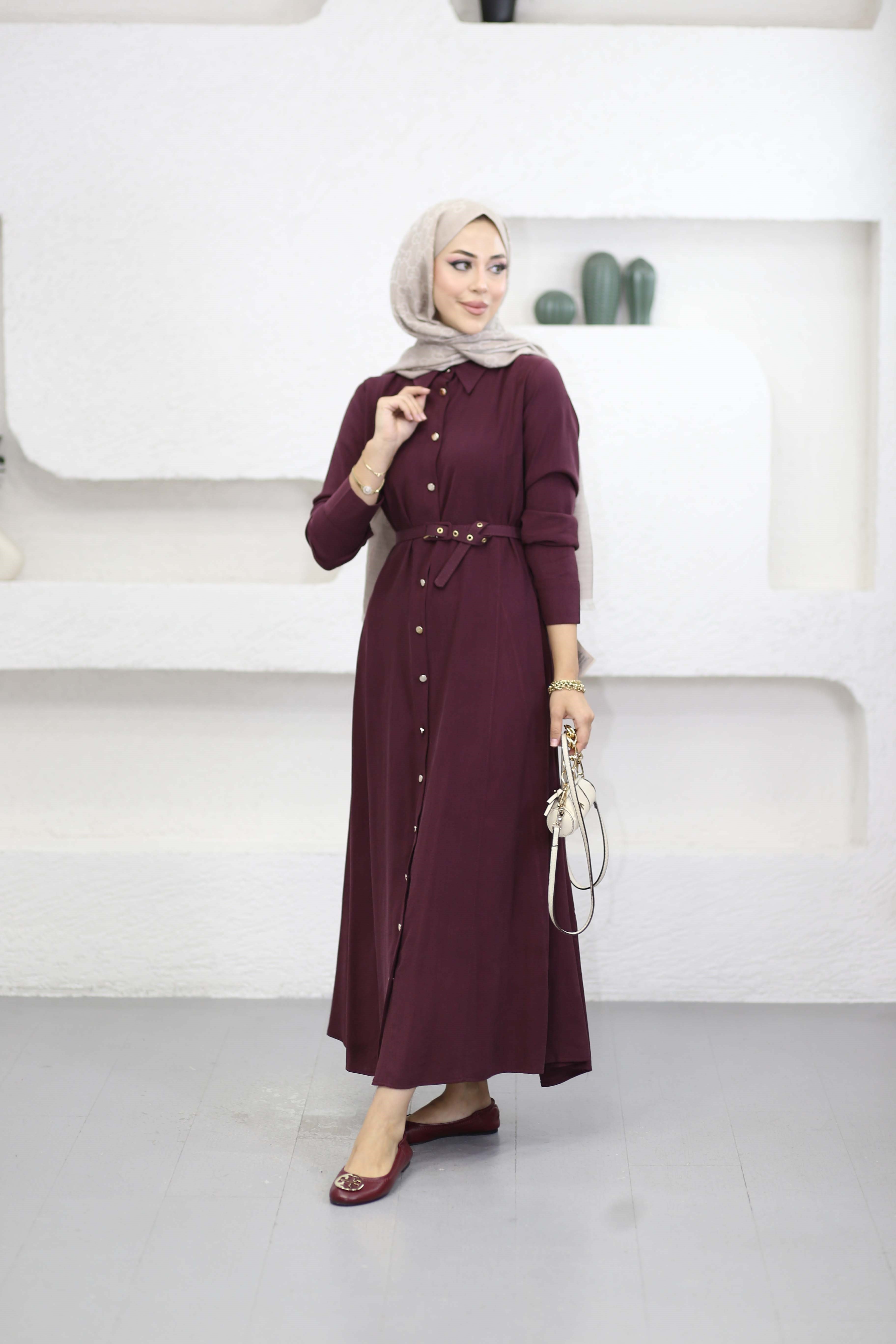 Düğmeli Tencel Gömlek Elbise Bordo 5499