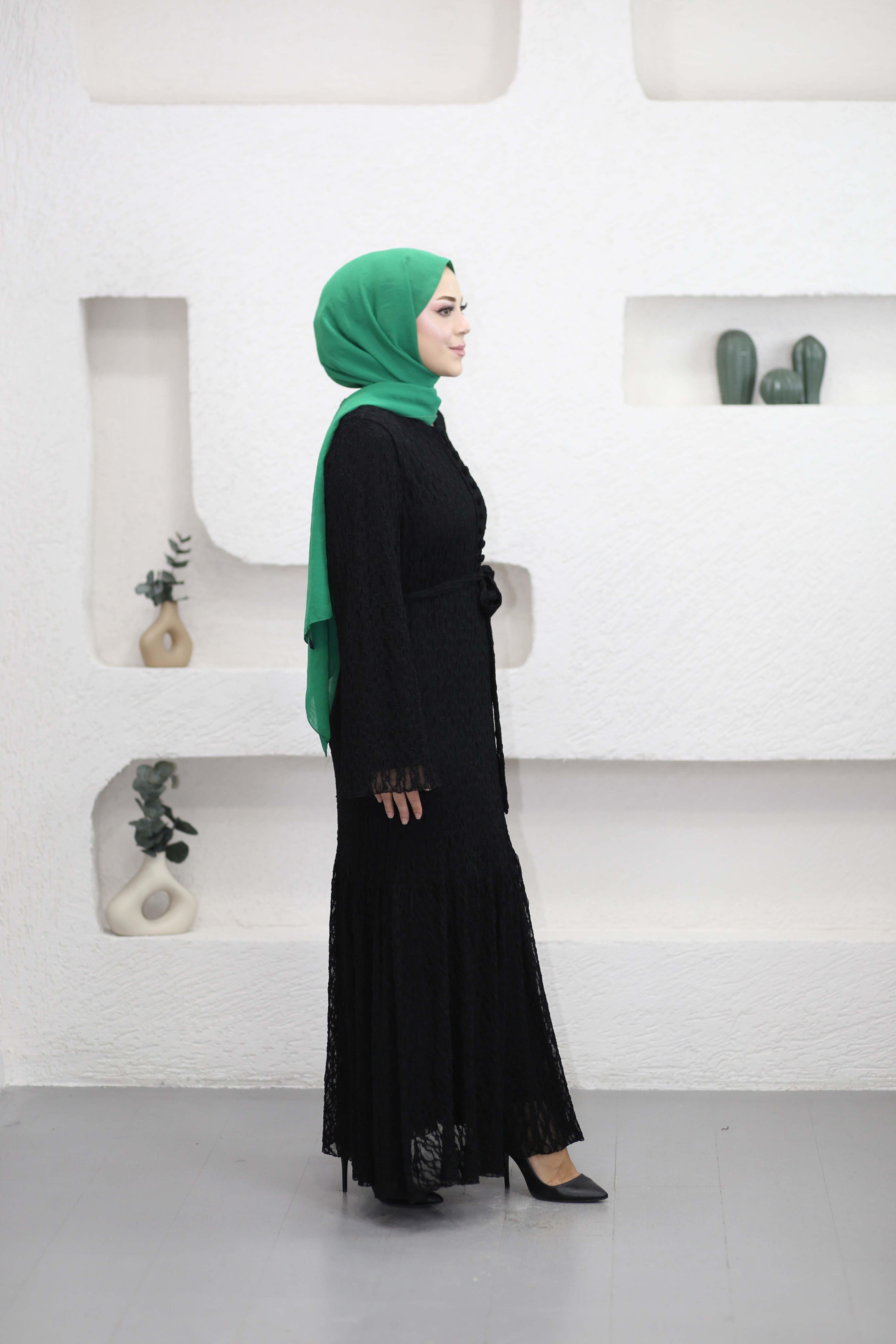 Düğmeli Likralı Dantel Elbise Siyah 51245