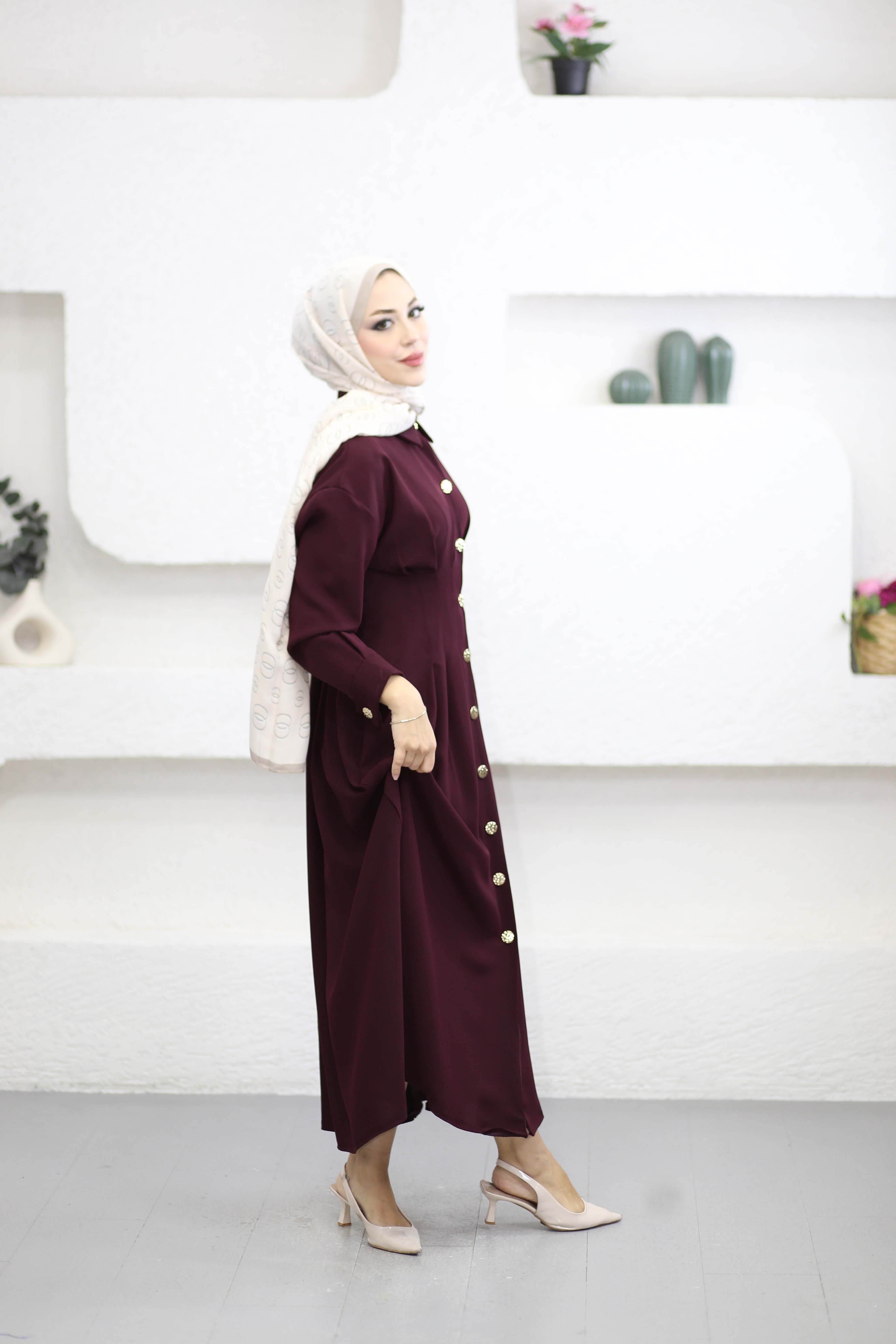 Bel Detaylı Ön Düğmeli Tencel Elbise Bordo 5509