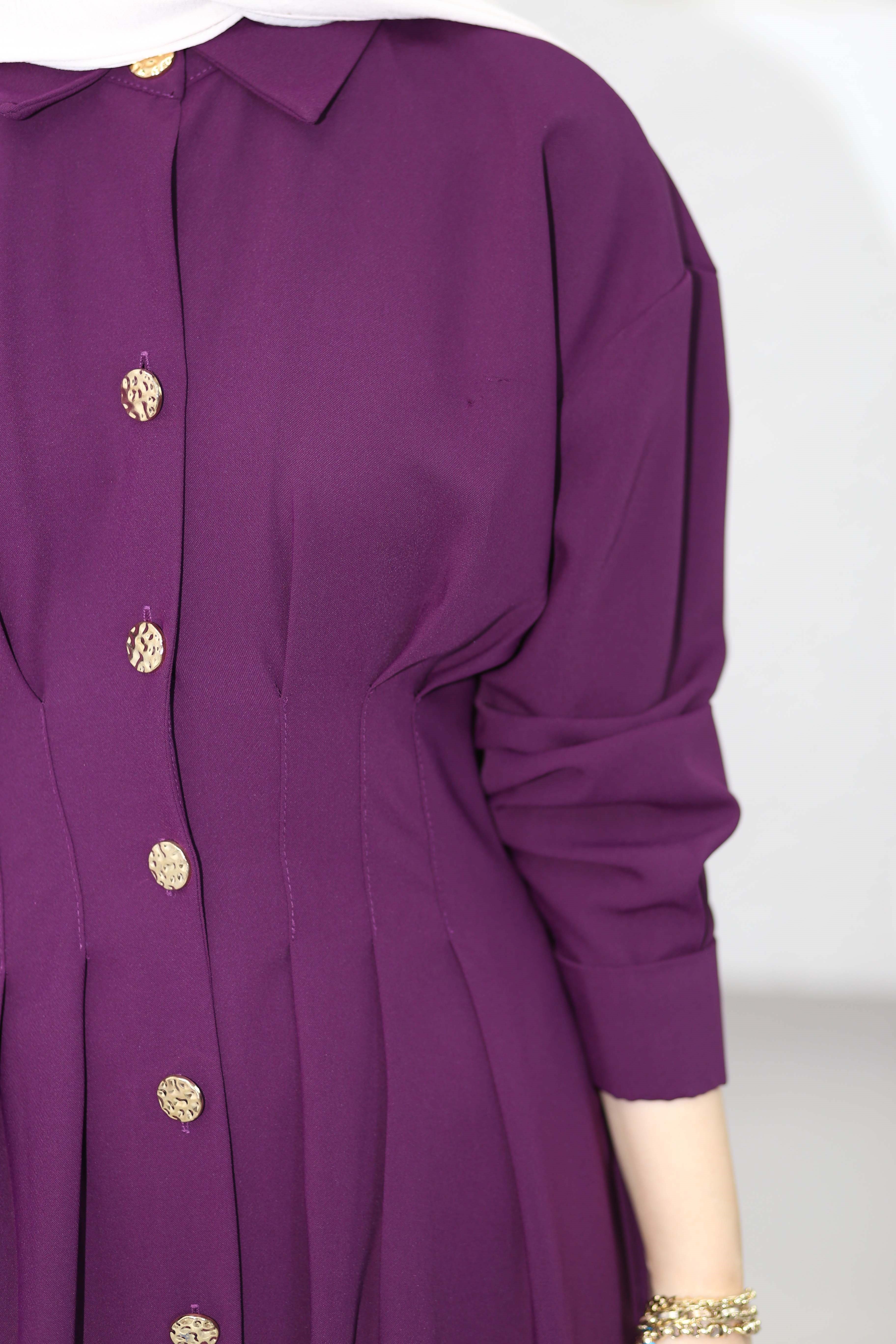 Bel Detaylı Ön Düğmeli Tencel Elbise Mor 5509