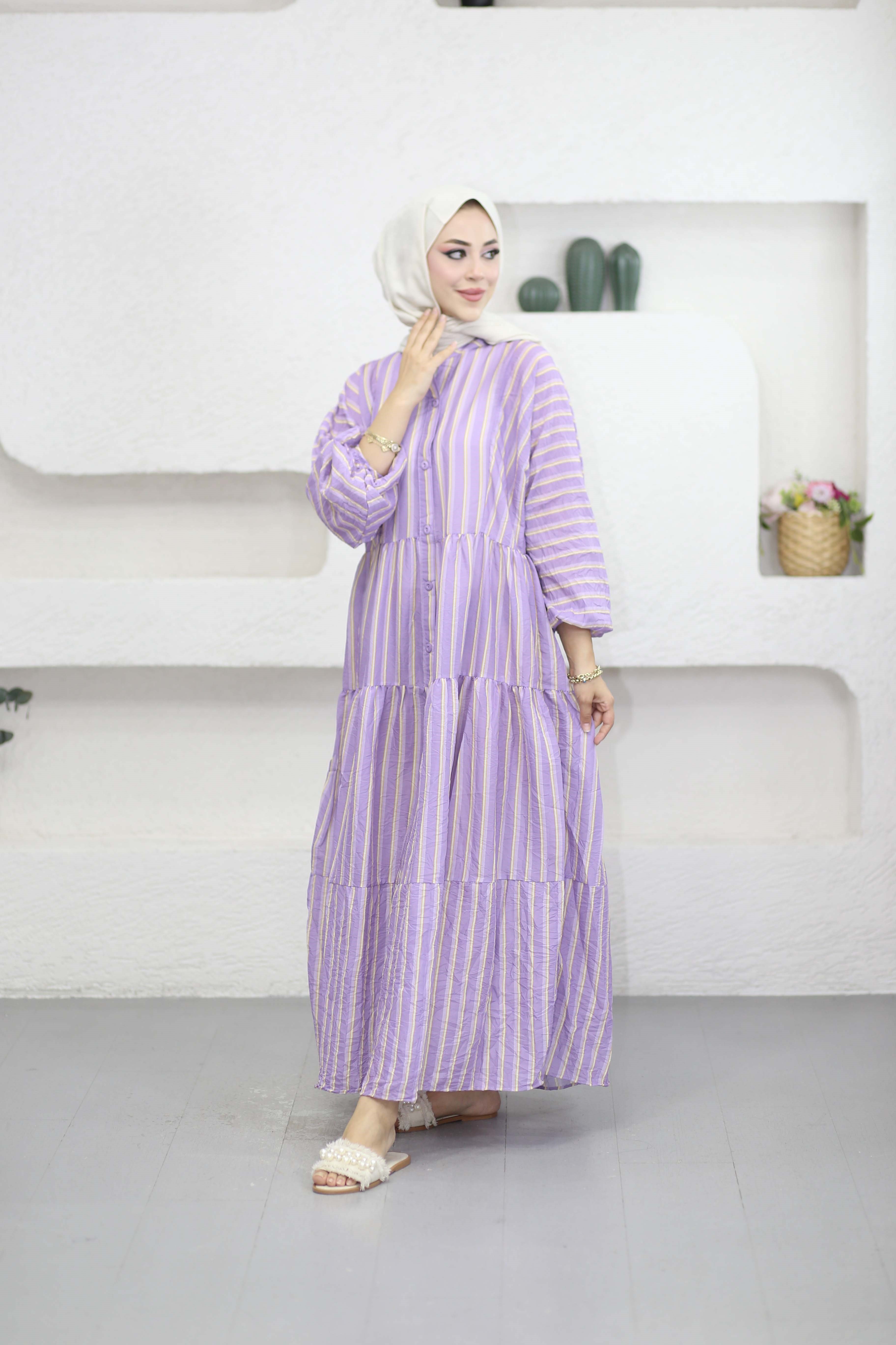 Çizgili Robalı Elbise Mor 3061