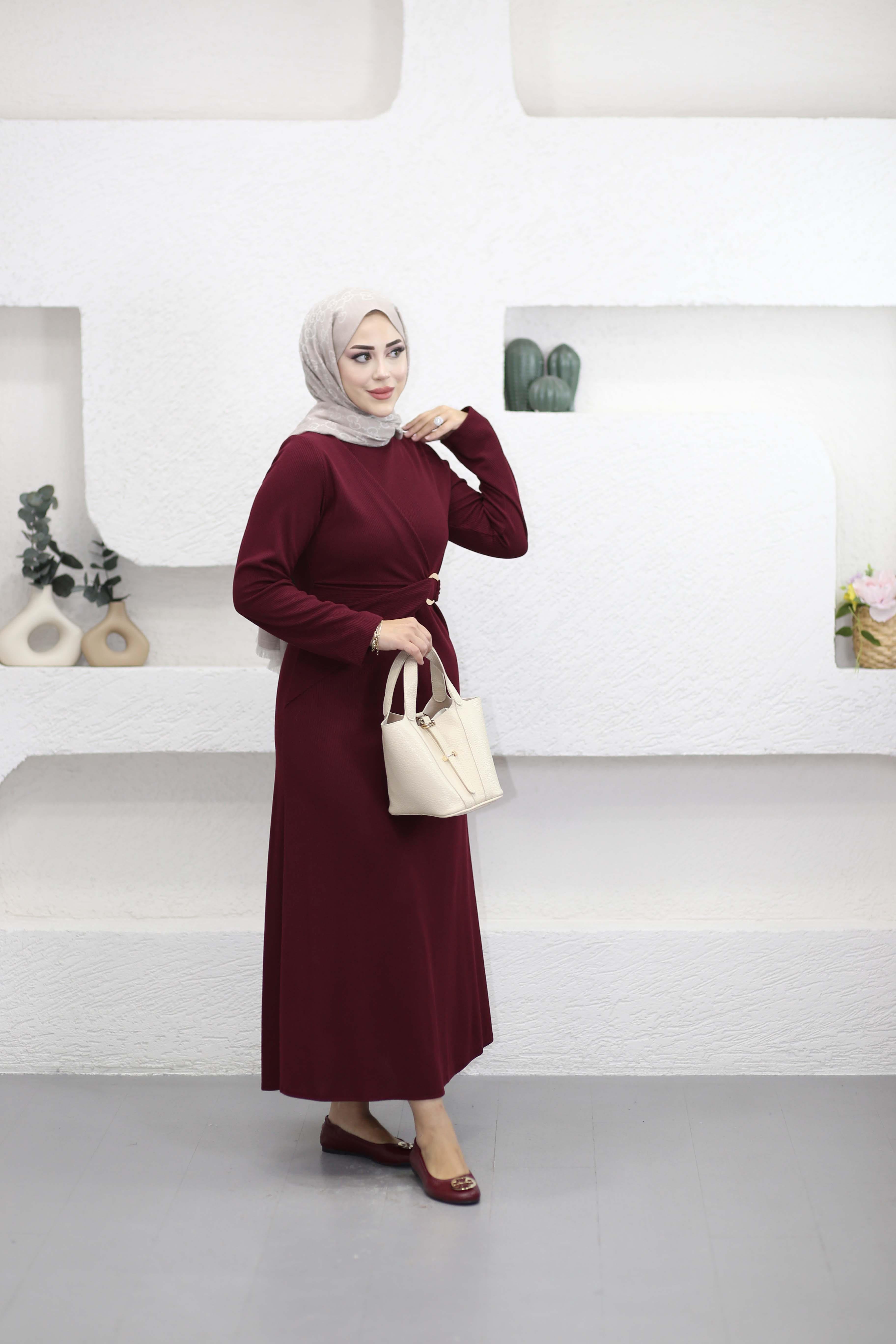 Fitilli Triko Tokalı Elbise Bordo 51249