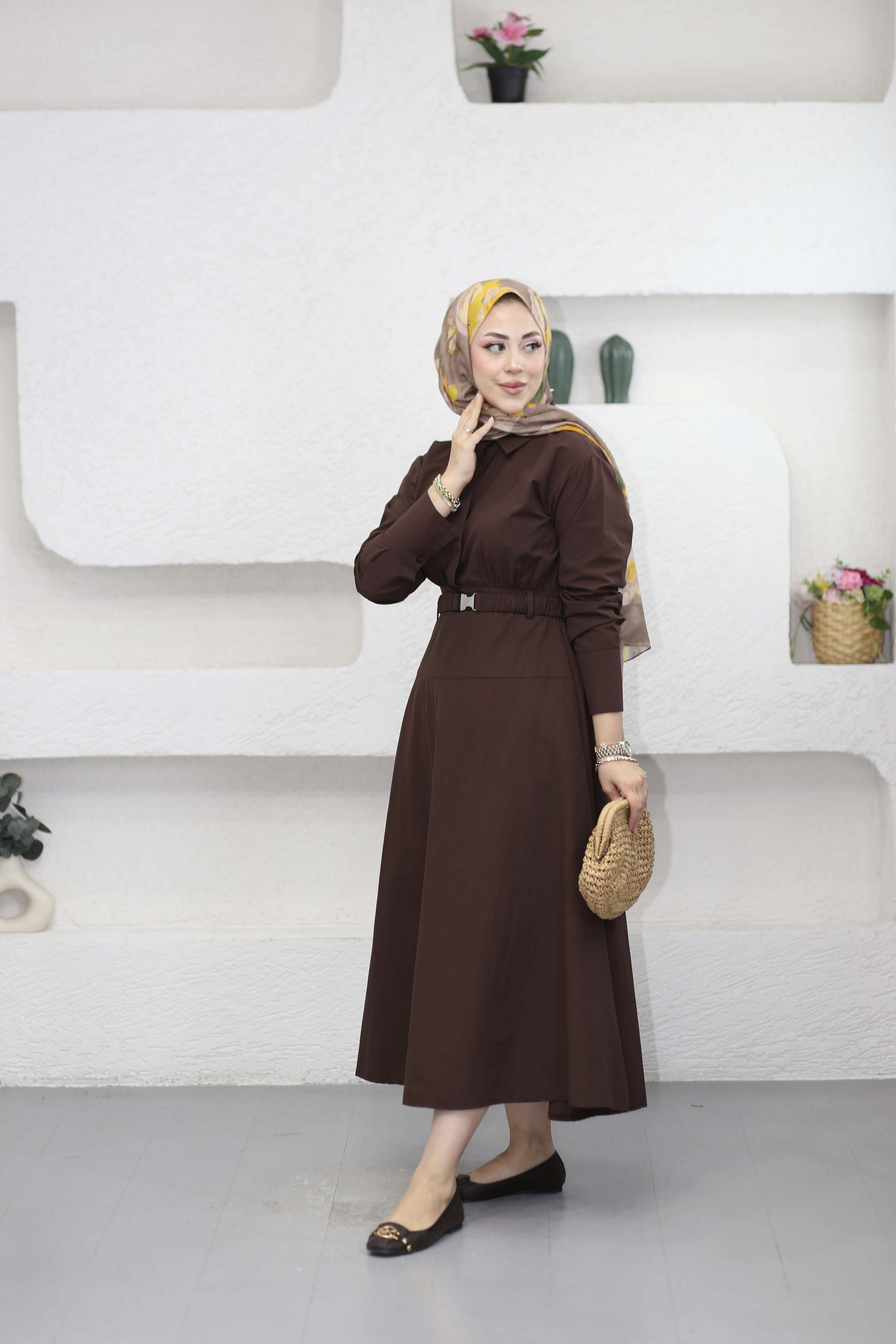 Lastik Kemerli Elbise Kahverengi 5516