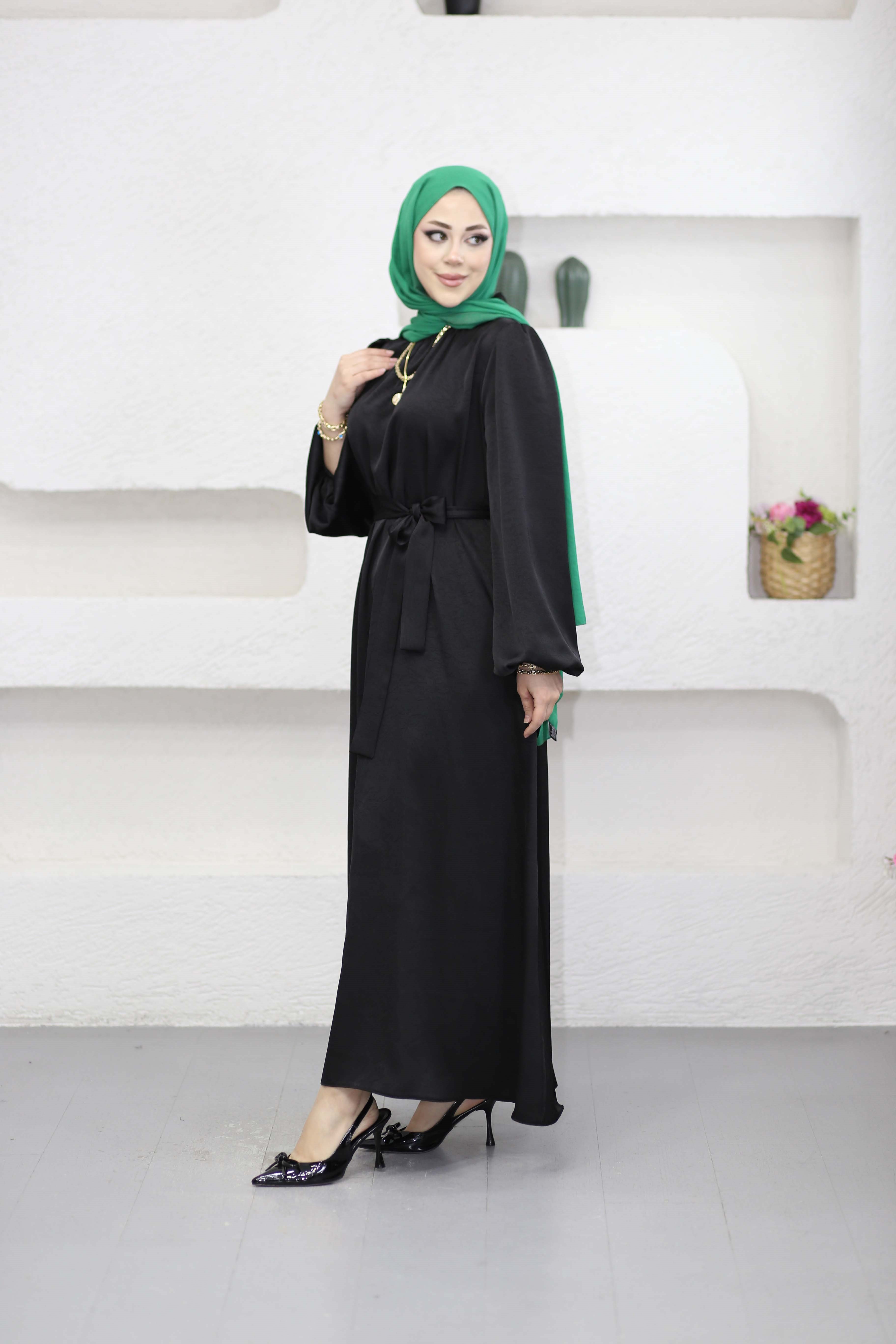 Damar Desenli Elbise Siyah 9771