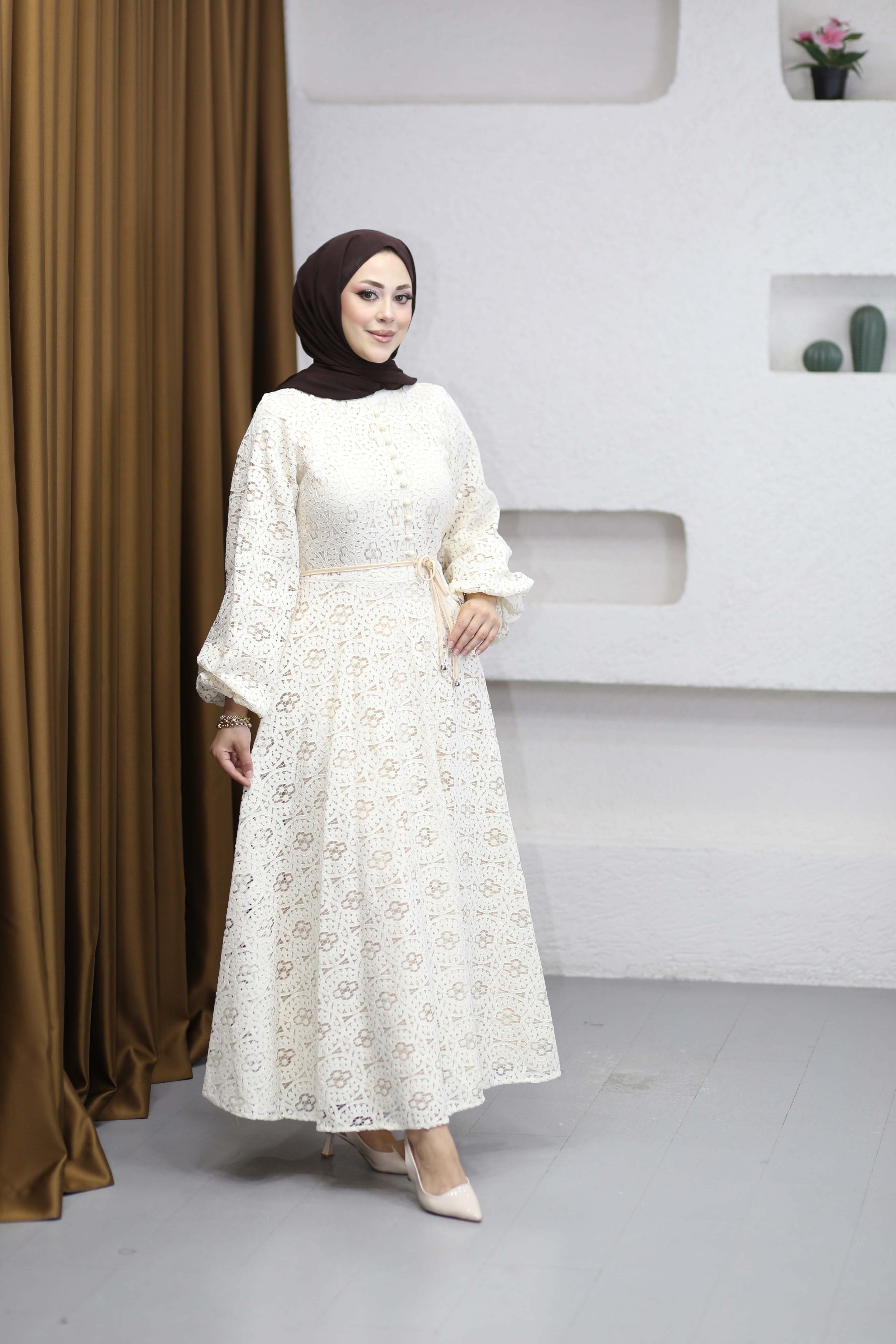 Düğmeli Dantel Elbise Krem 35001
