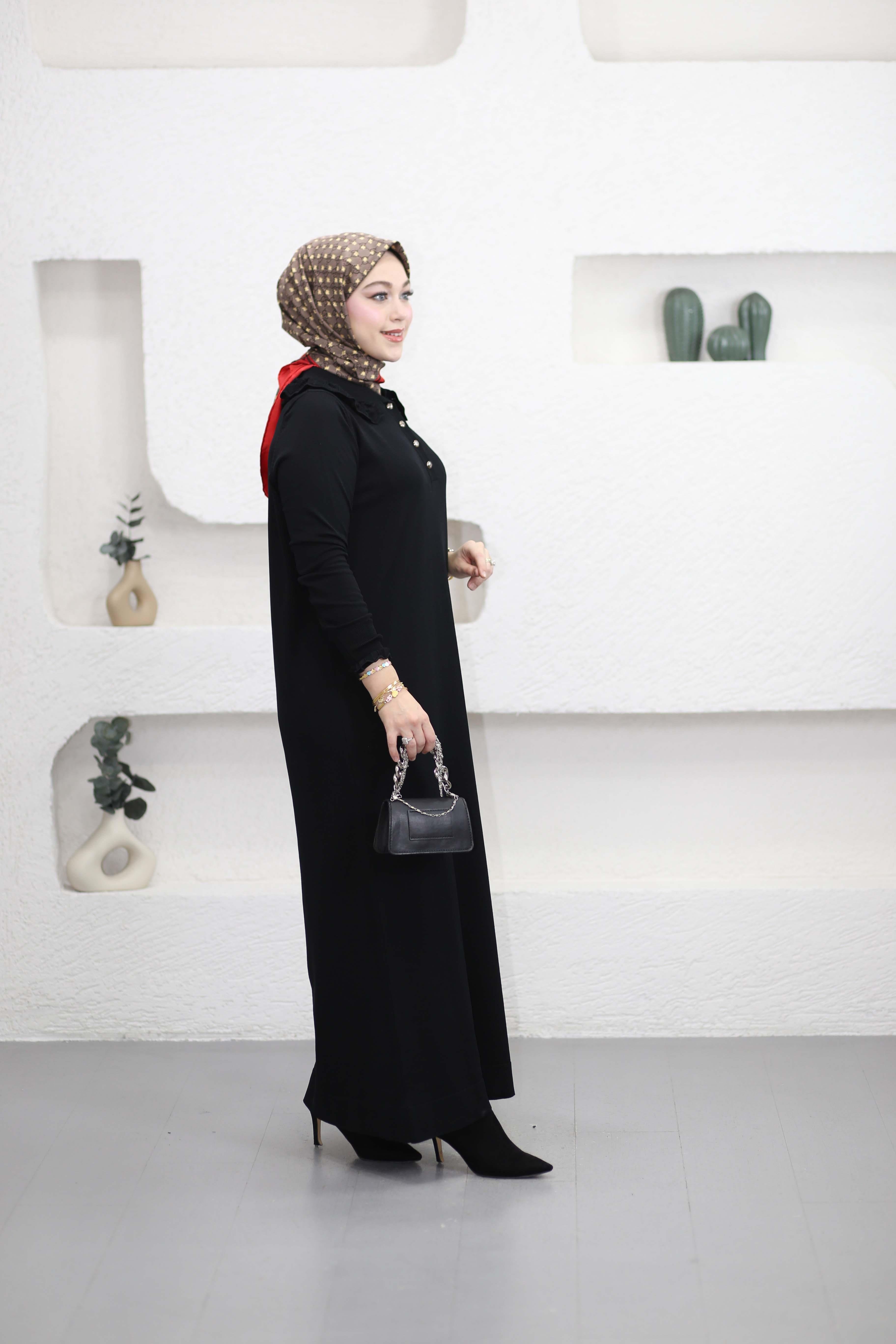 Yakası Dantelli Elbise Siyah 261