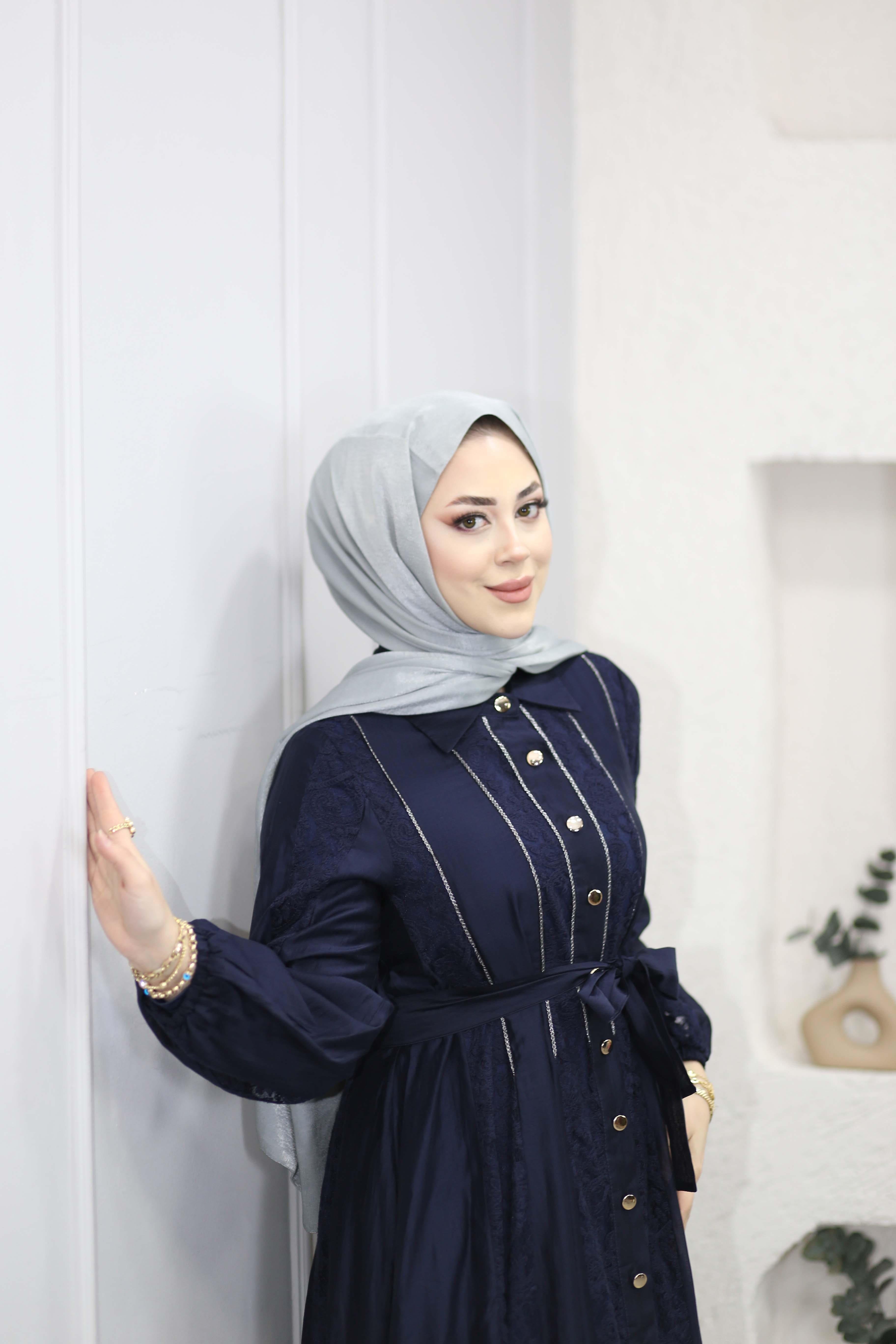 Dantelli Kuşaklı Elbise Lacivert 2210