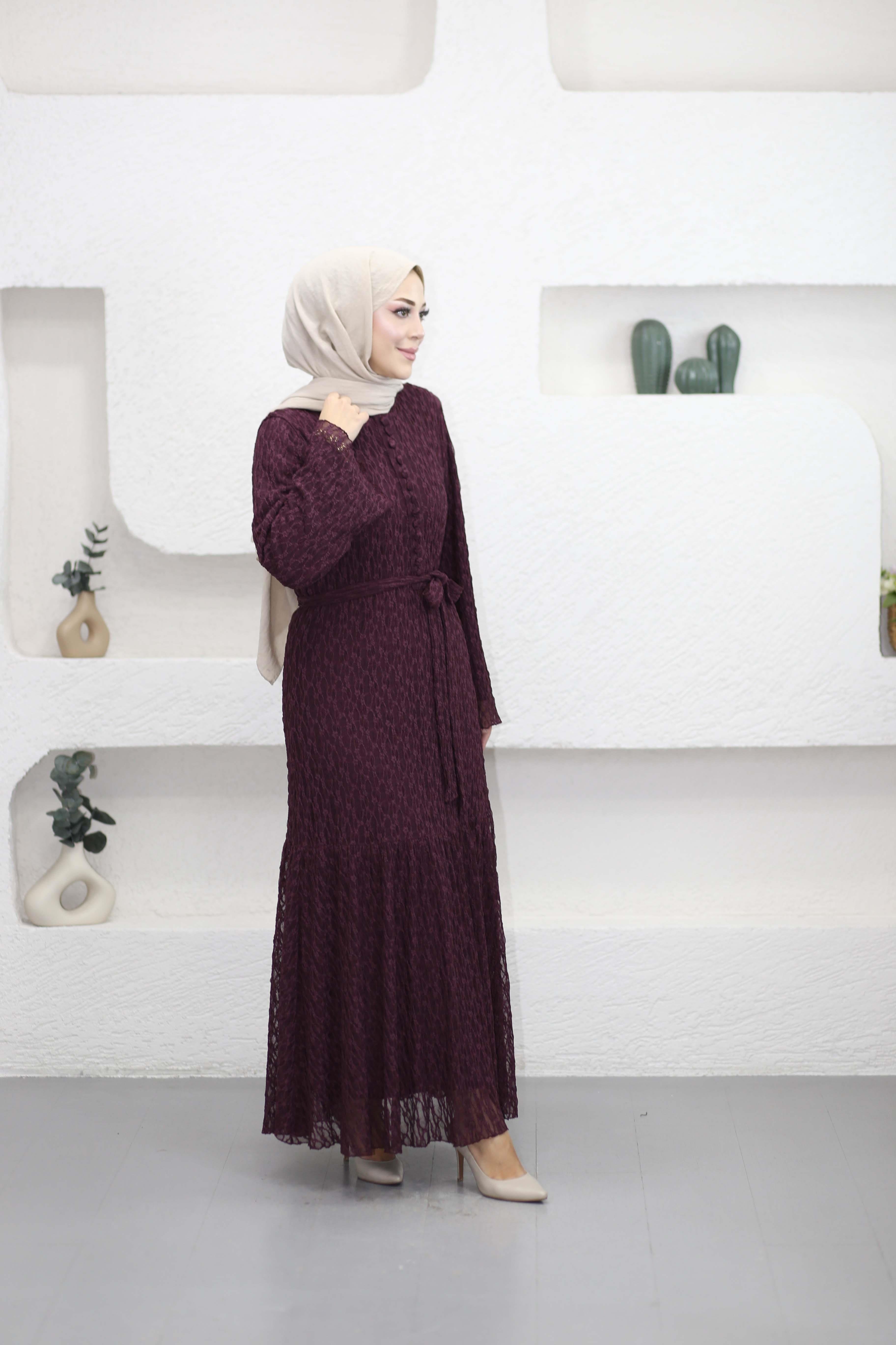 Düğmeli Likralı Dantel Elbise Mürdüm 51245