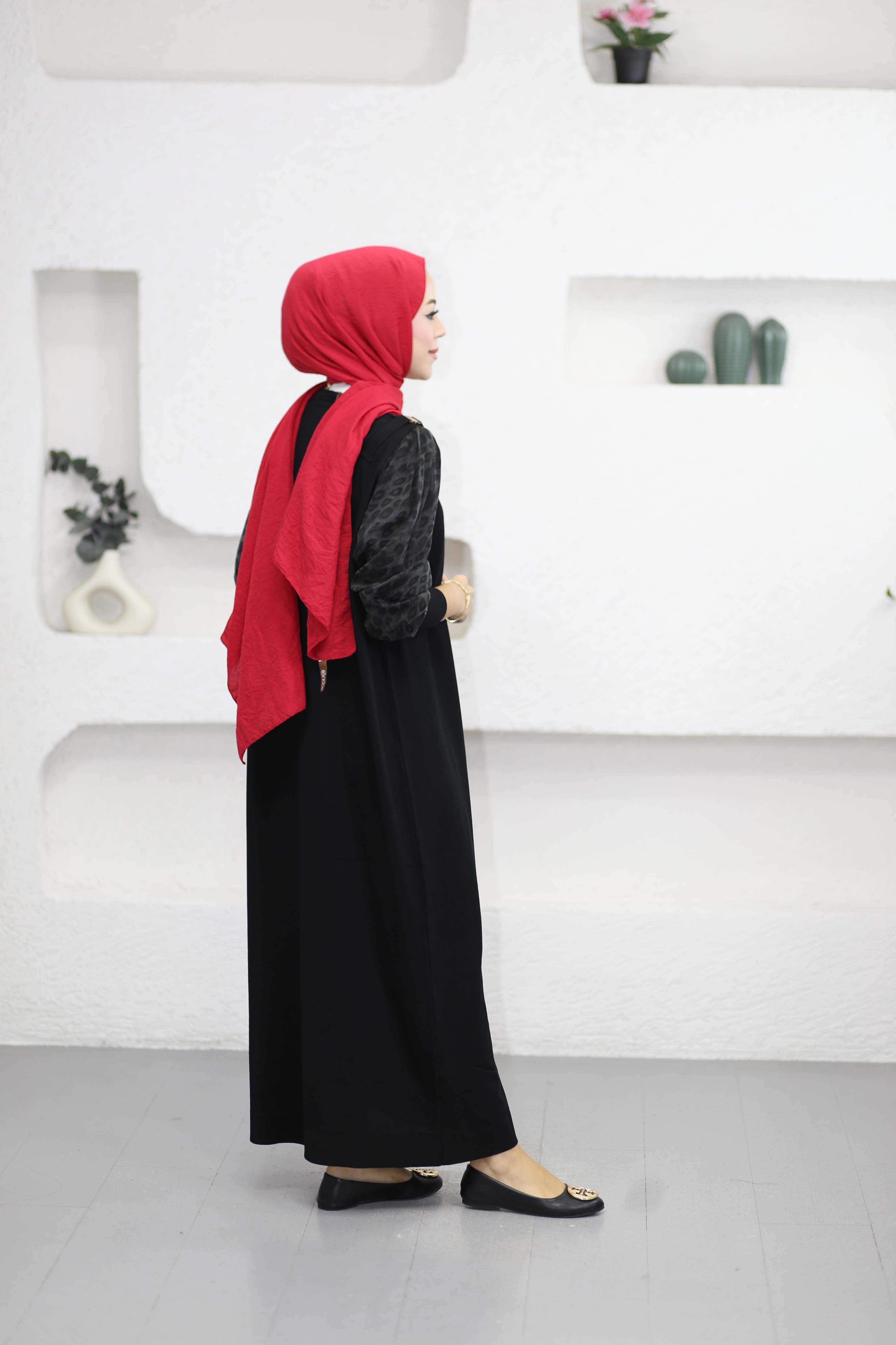 Leopar Kol Merserize Elbise Siyah 340