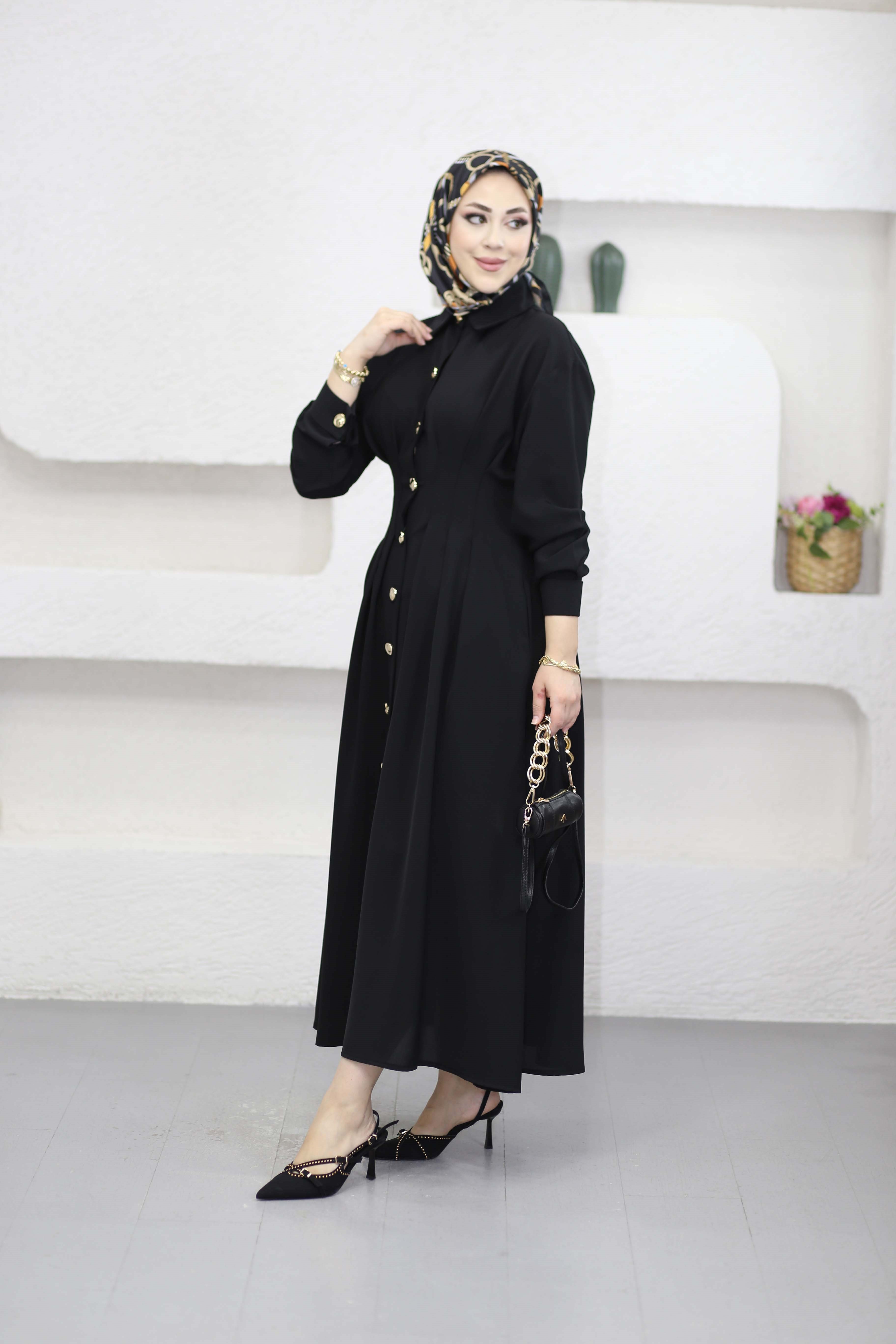 Bel Detaylı Ön Düğmeli Tencel Elbise Siyah 5509