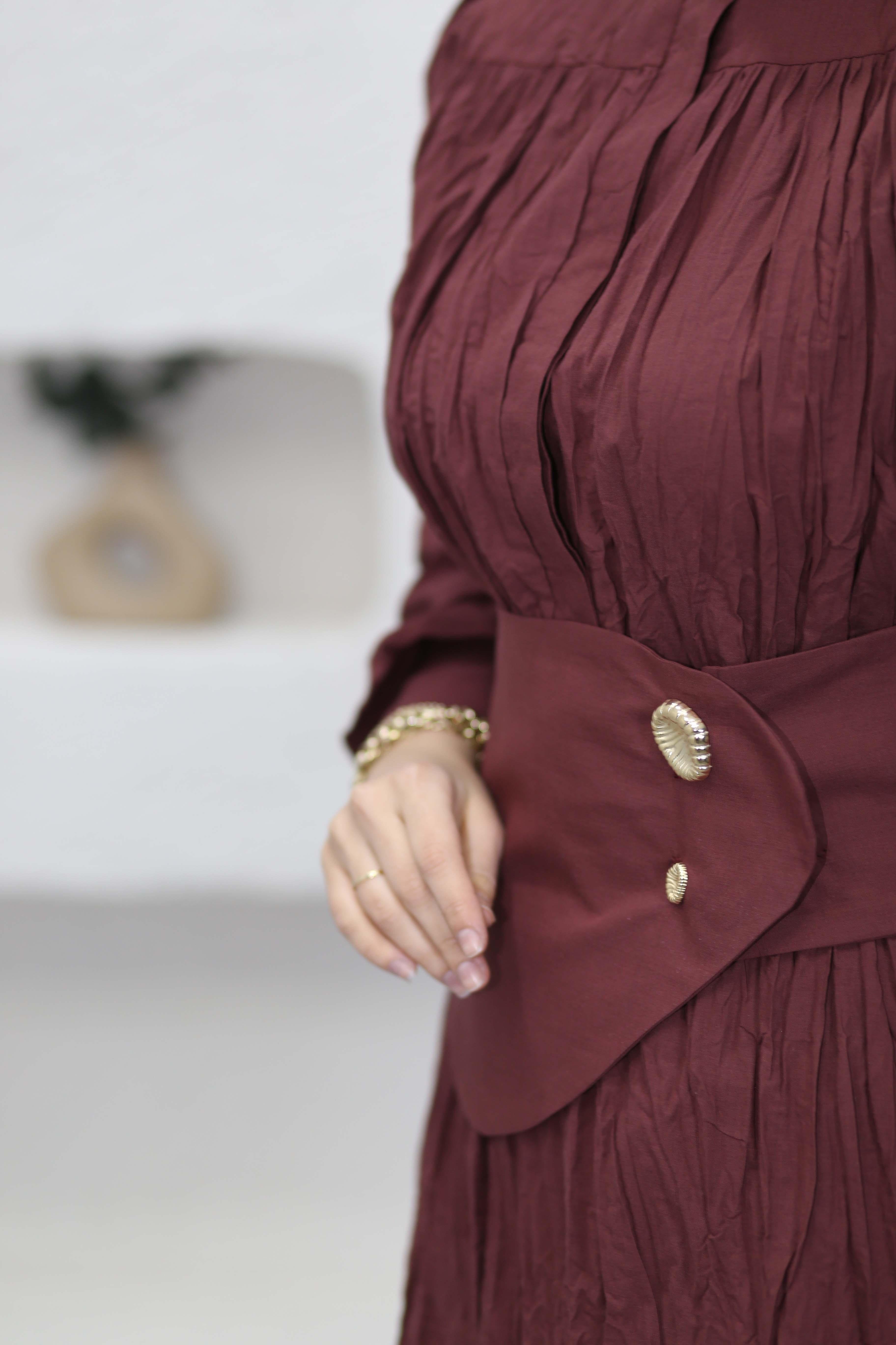 Büzgülü Yarım Patlı Vual Elbise Bordo 8323