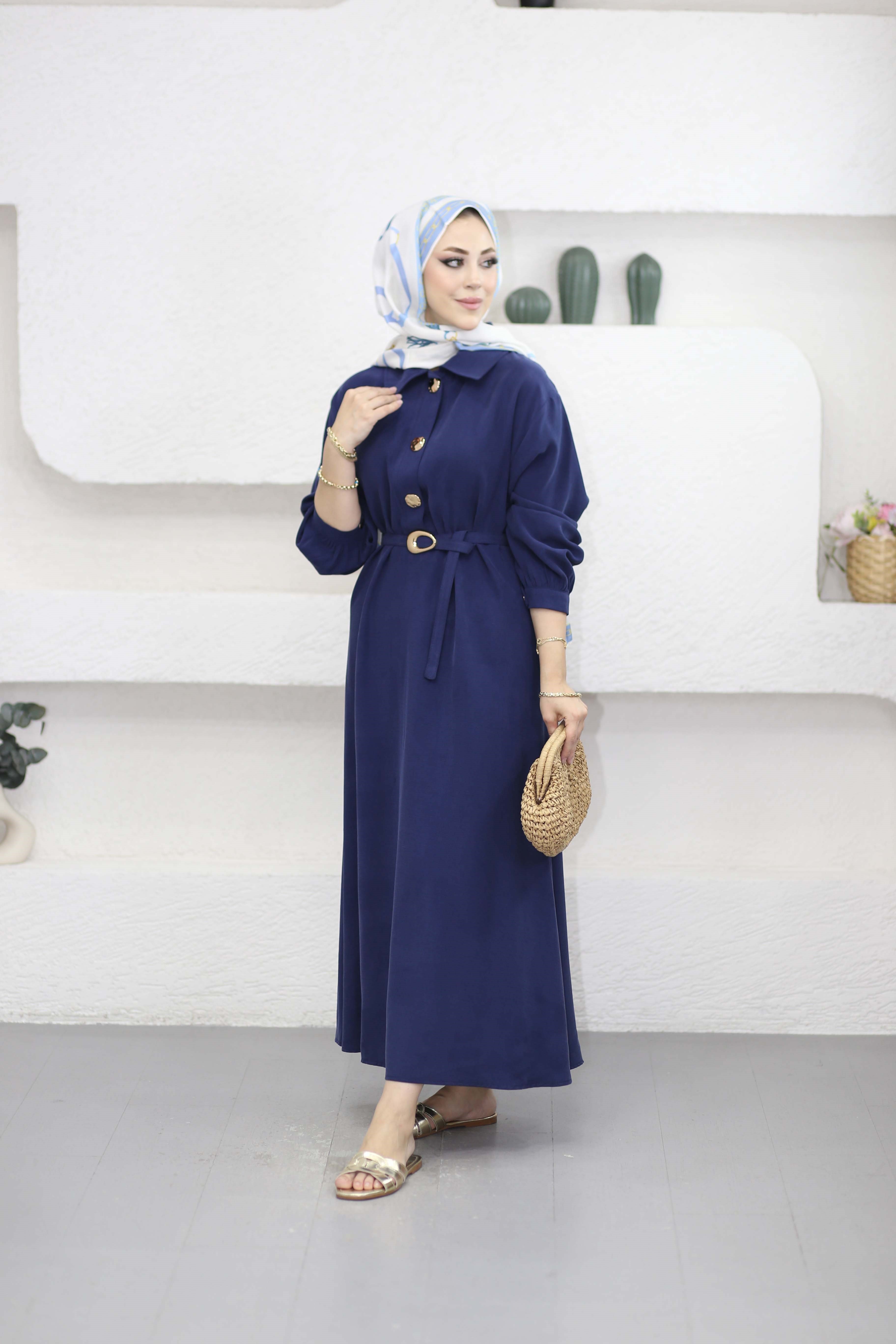 Yakalı Kemerli Elbise Lacivert 5525