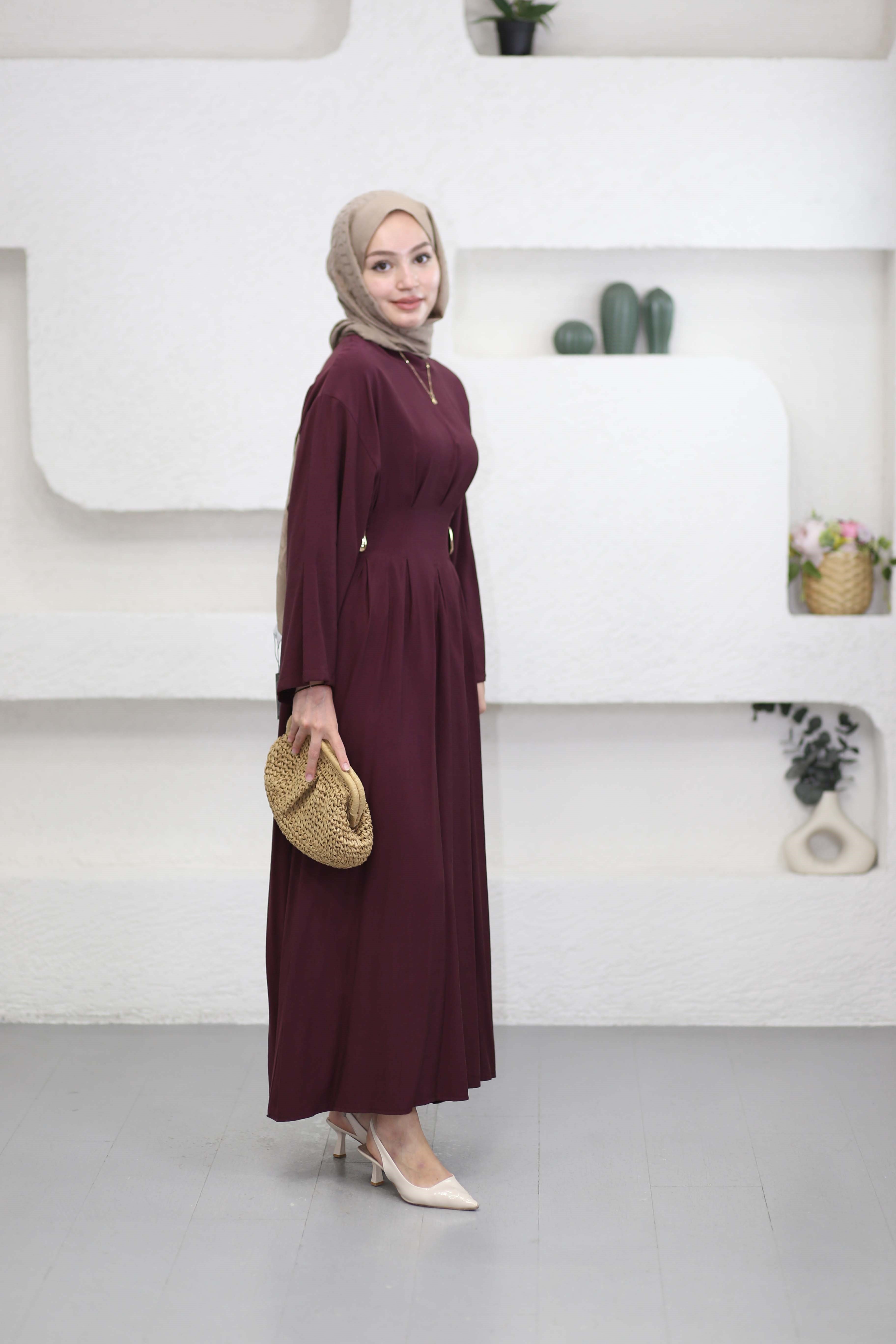 Beli Toka Pensli Elbise Mürdüm 5536