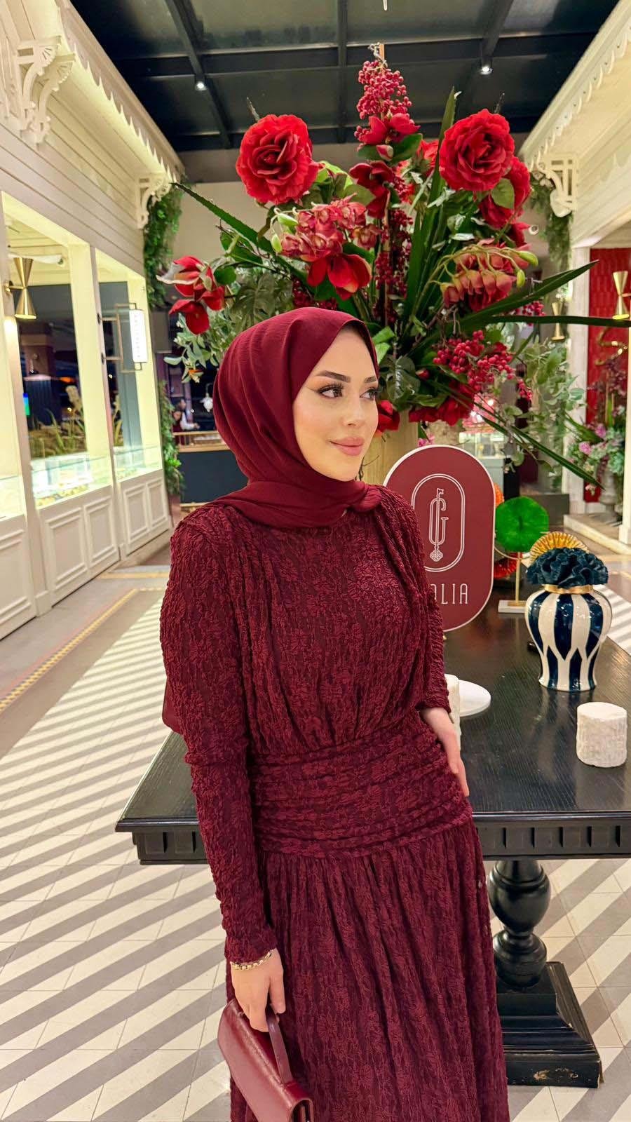 Tasarım Dantel Elbise Bordo 6566
