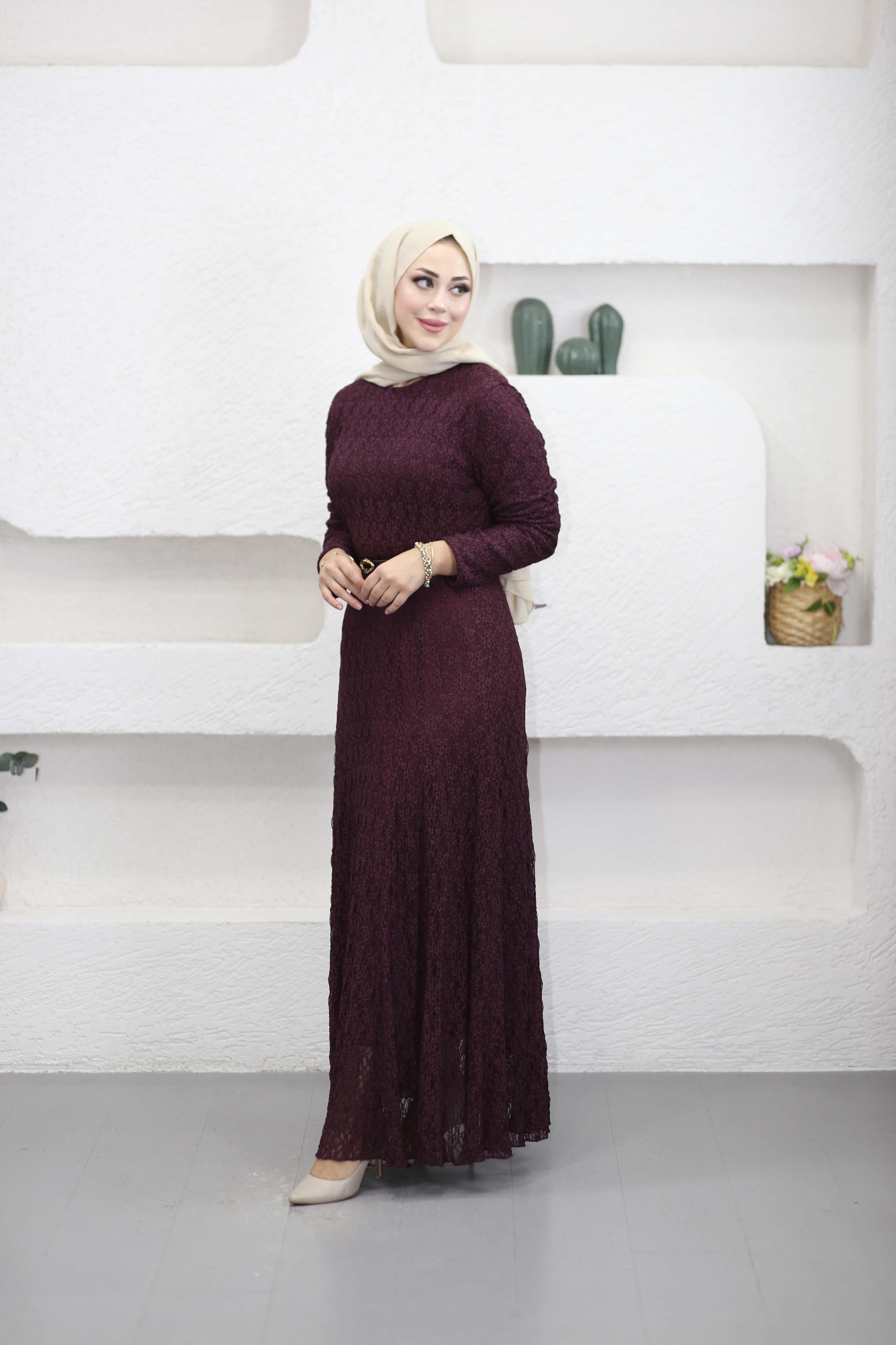 Kemerli Dantel Elbise Mürdüm 51246