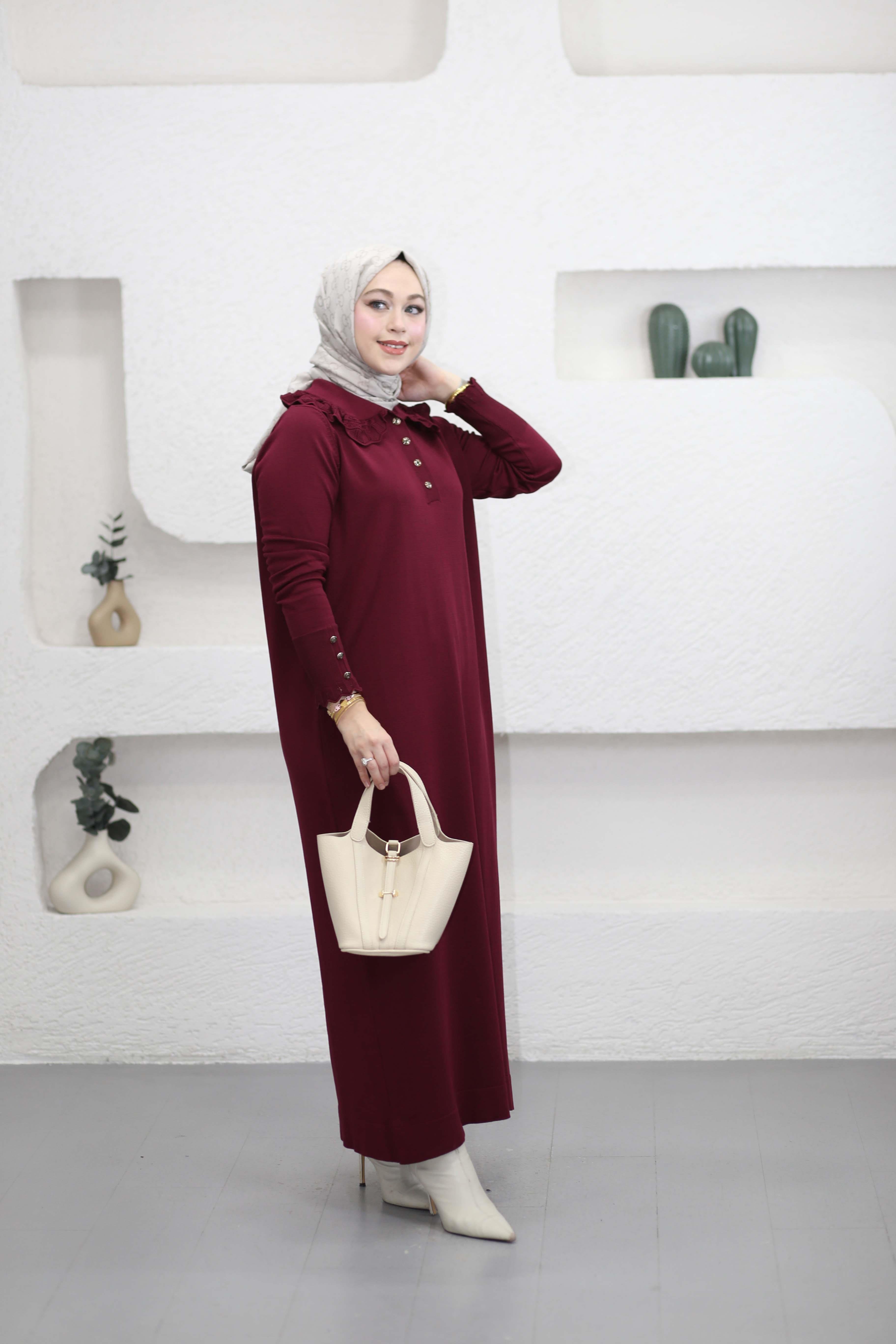 Yakası Dantelli Elbise Bordo 261